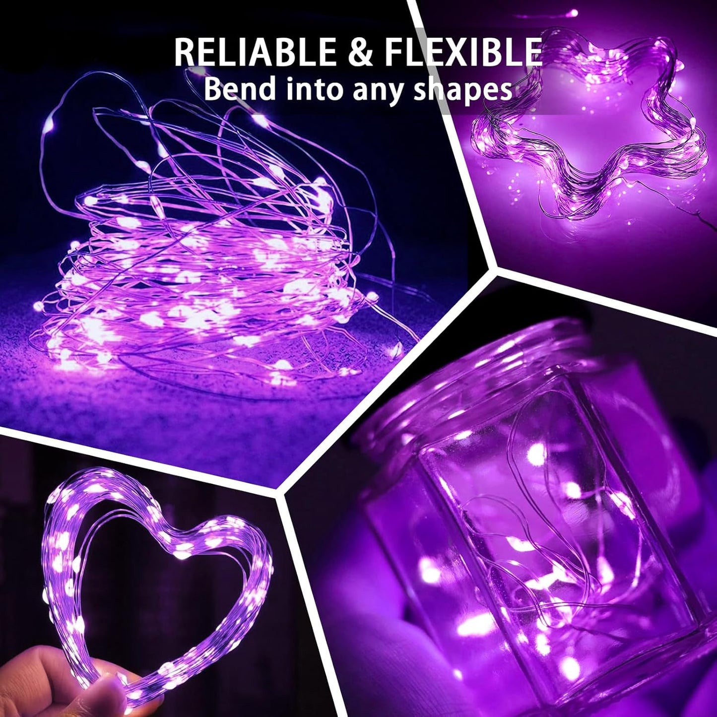 100 Pack Purple Fairy Lights 7Ft 20 LED Twinkle String Lights 3 Modes Battery Operated Waterproof Firefly Starry for Mason Jar Party Wedding Christmas Valentines Day Table Centerpieces