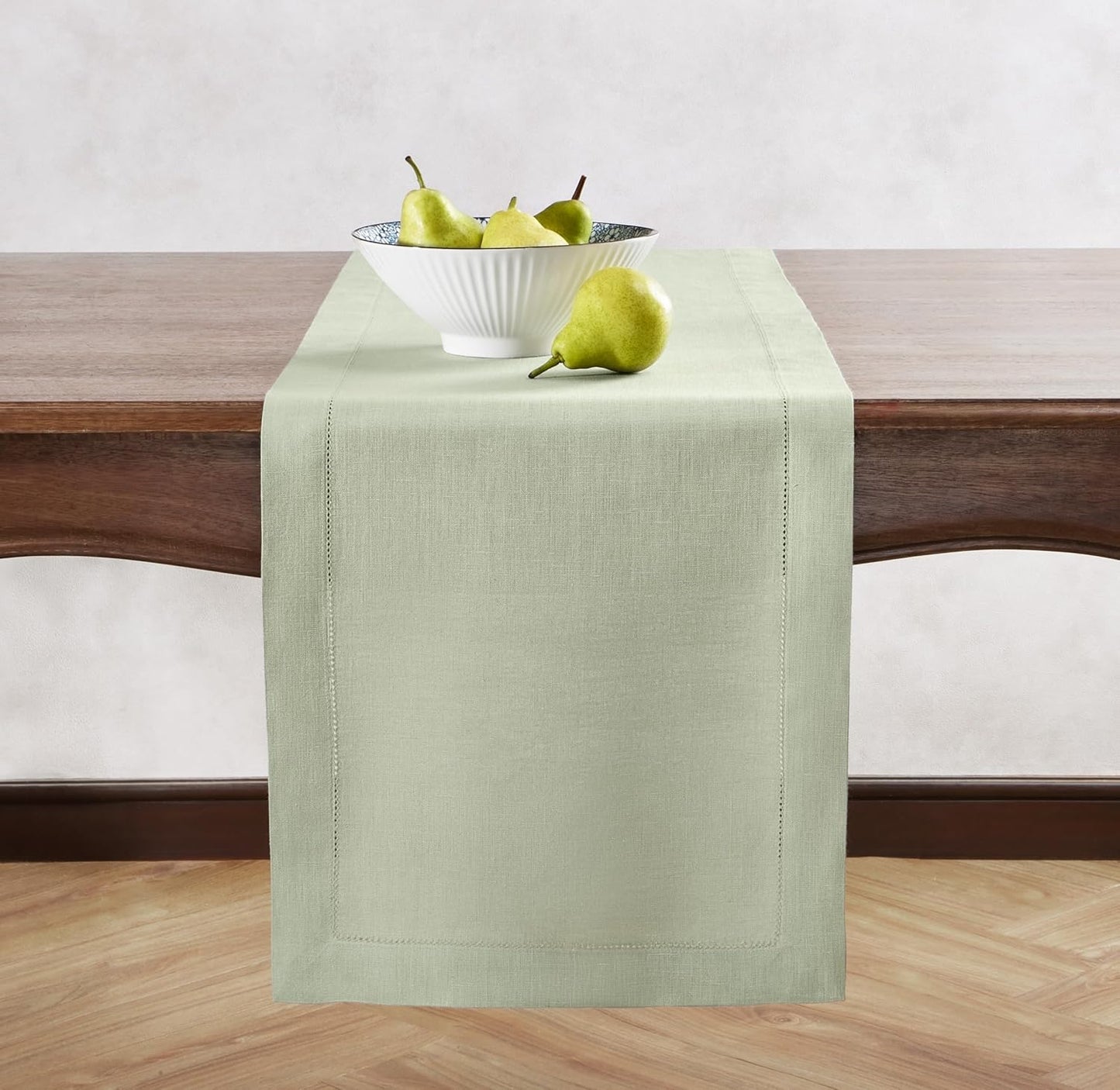 Hemstitch Linen Table Runner 36 inches – 100% Pure Linen Sage Green Table Runner 14 x 36 Inch Ideal for Dresser and Coffee Tables – Spring, Summer, Wedding Decorations, Gift – Elara