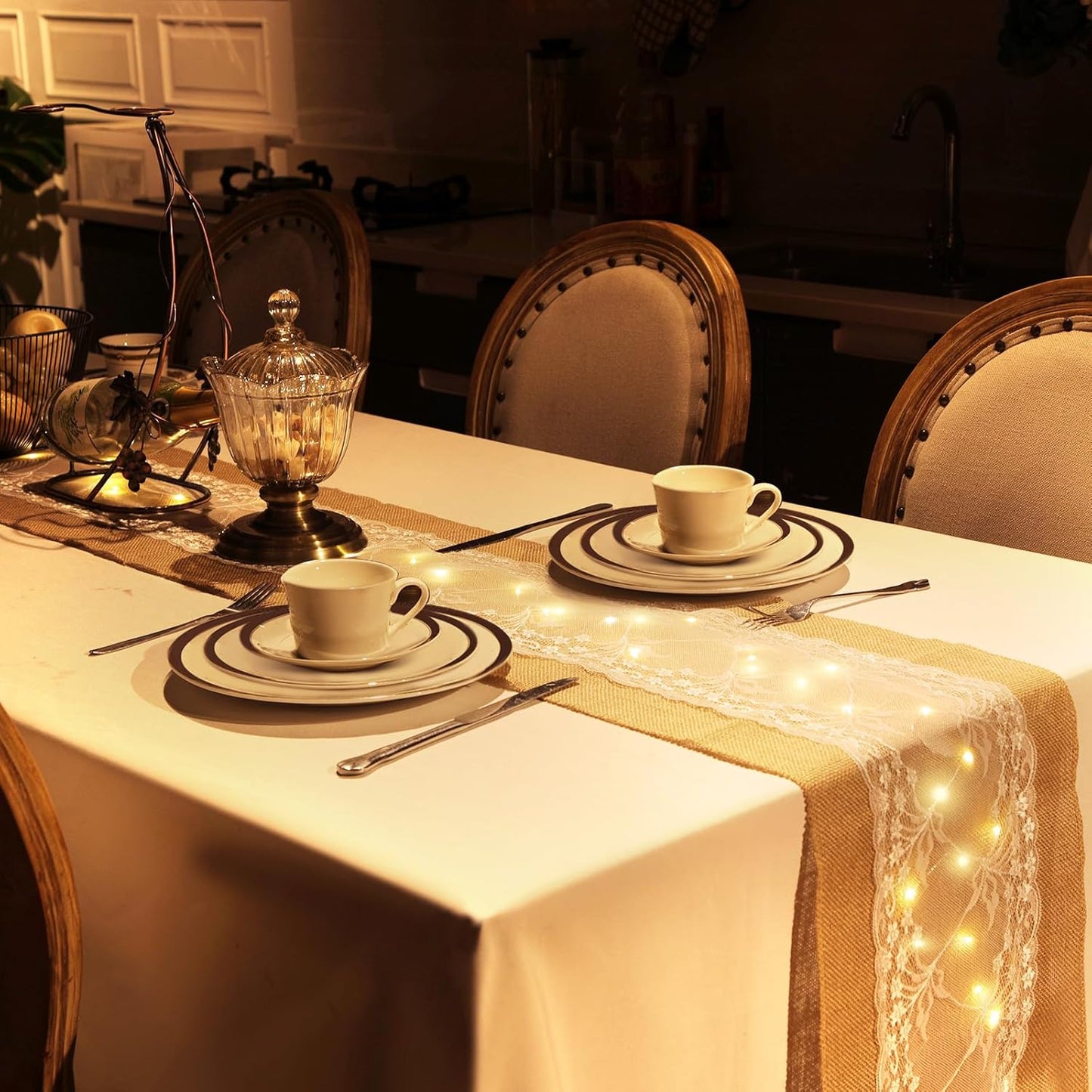 Xinnun 6 Pack Burlap Table Runner with LED String Lights, Modern Rustic Lace Natural Vintage Boho Jute Wedding Table Decor for Farmhouse Thanksgiving Christmas(Farmhouse Rustic Burlap,12x70 Inches)