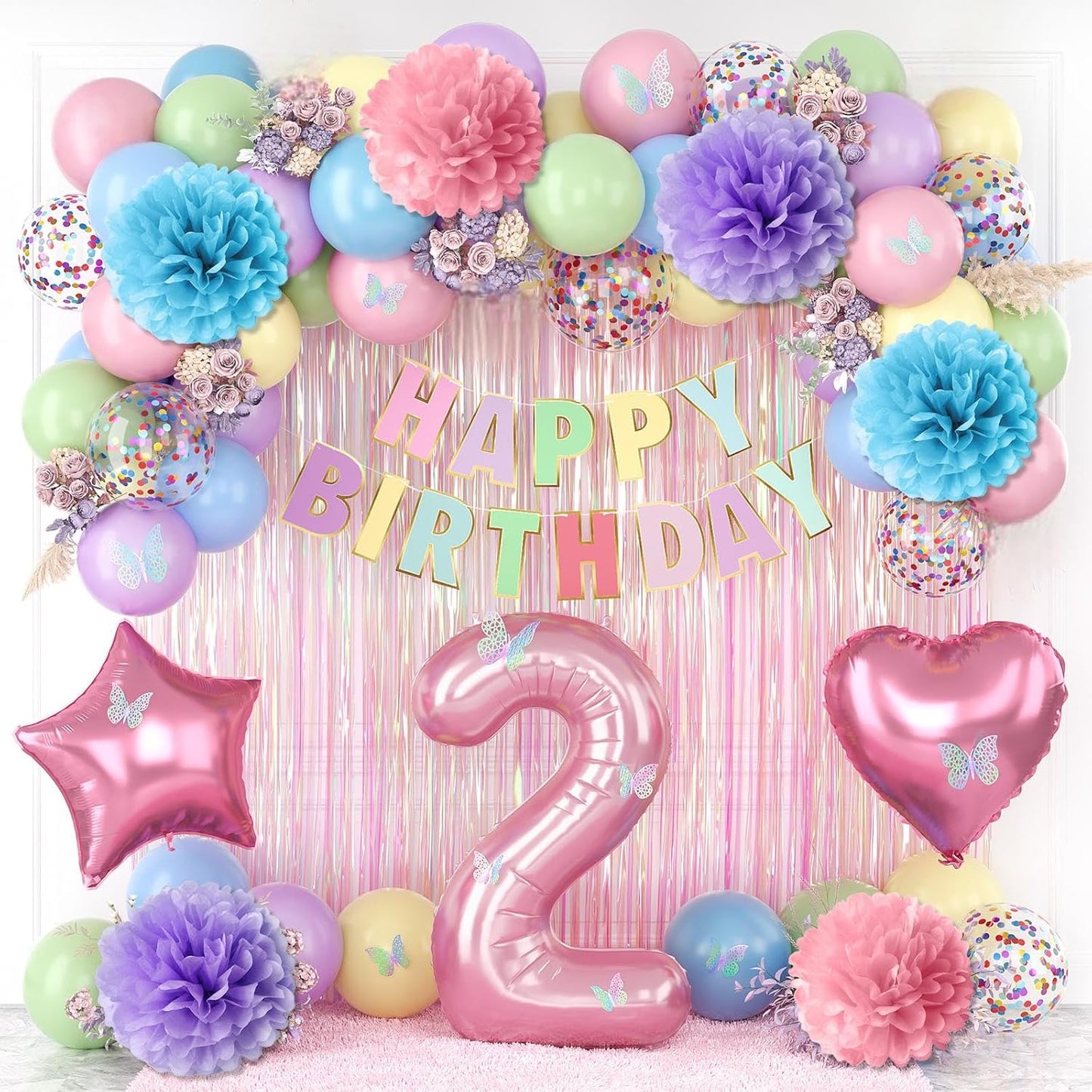 Pastel 2nd Birthday Party Decorations for Girls Number 2 Balloon Happy Birthday Banner Butterfly Stickers Fringe Curtain Paper Pom Poms Macaron Pink Star Foil Colorful Balloons Baby 2 Year Old Decor