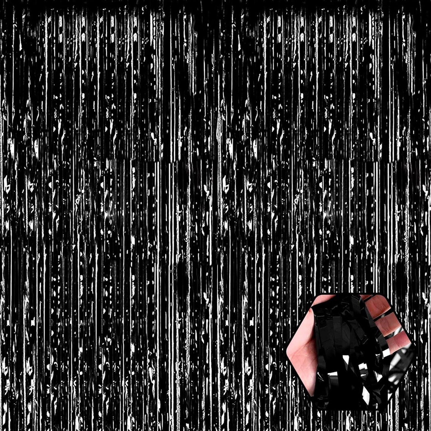 3 Pack Black Foil Fringe Curtain Backdrop, 3.28Ft x 8.2Ft Metallic Tinsel Foil Fringe Streamer Curtains for Photo Booth, Christmas Day, Thanksgiving, Wedding, New Year Party Decorations