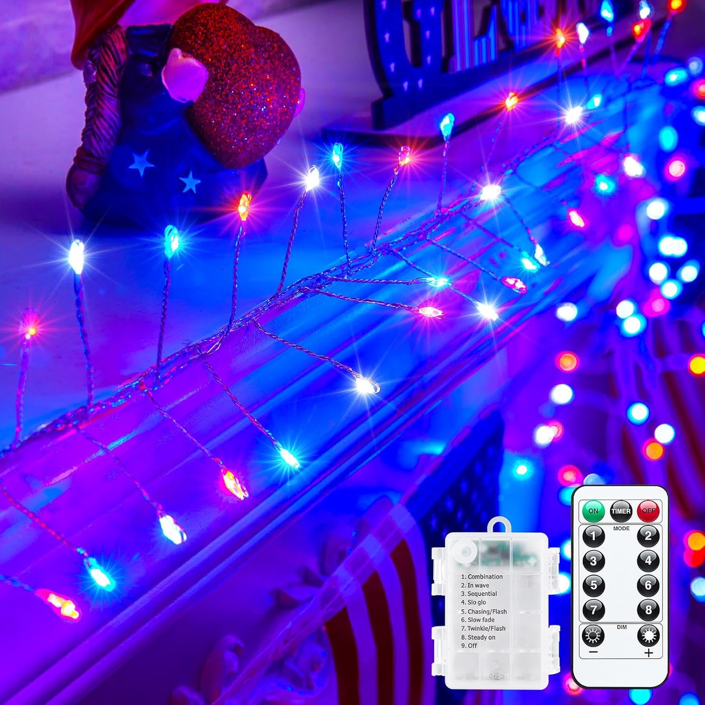 4th of July Decorations Red White and Blue Fairy Lights Battery Operated, 10 Feet 120LEDs Firecracker String Lights with Remote, Twinkle Lights for DIY Wreath Indoor Outdoor Independence Day Decor
