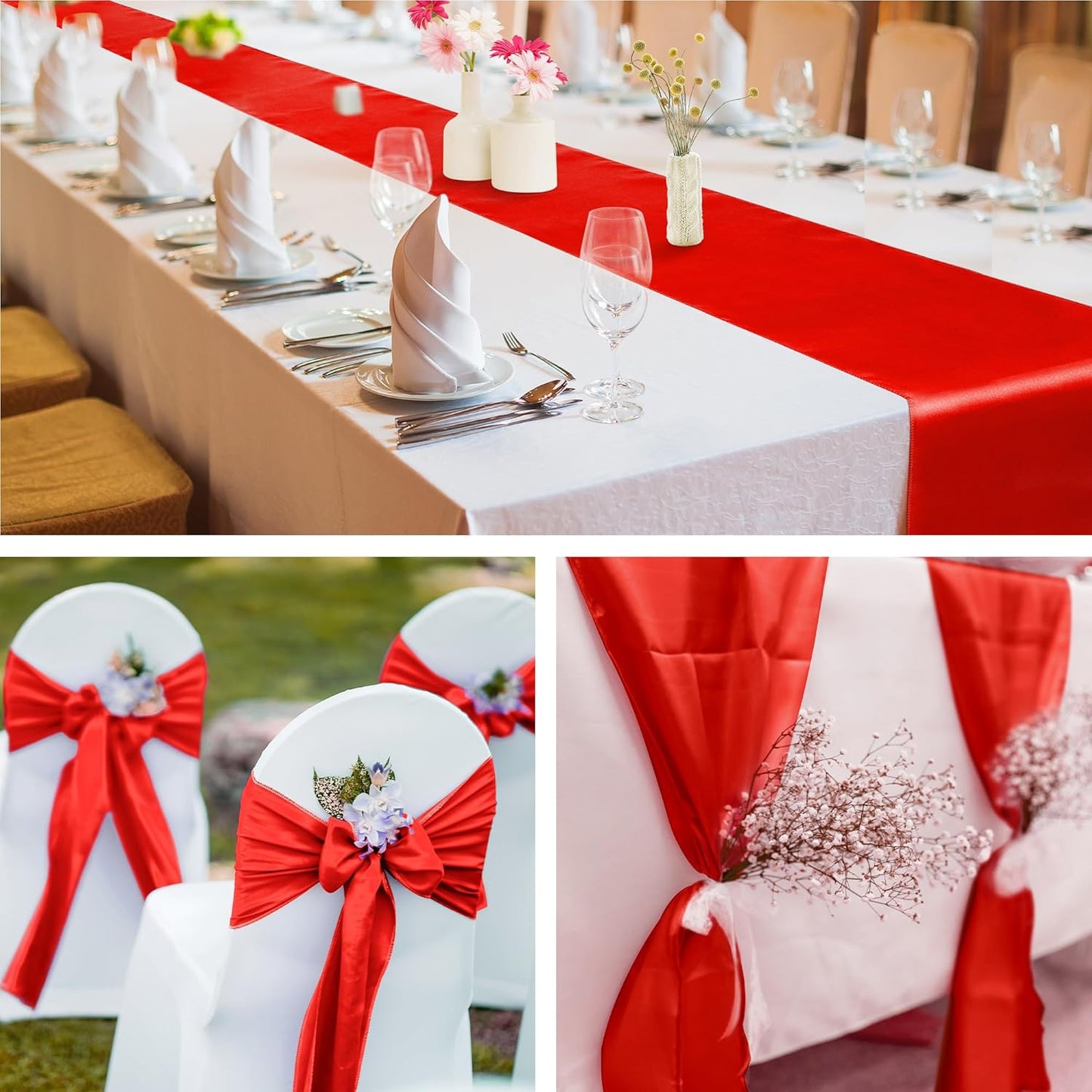 Aneco 16 Pack Satin Table Runner 12 X 108 Inch Red Long Wedding Satin Silk Table Runner for Wedding Banquet Graduations Birthday Party Decoration