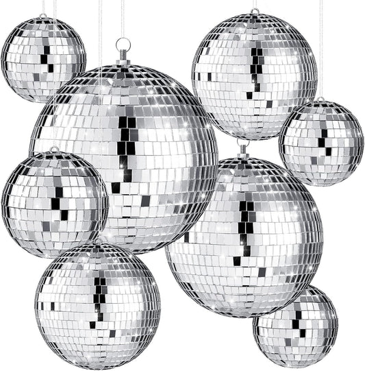 Haull 8 Pcs Large Disco Ball Set Silver Mirror Disco Reflective Ball with Hanging Ring Party Ornament Decoration for Stage Club Ballroom Dance Hall Wedding Prom Props(12'', 8'', 6'', 4'')