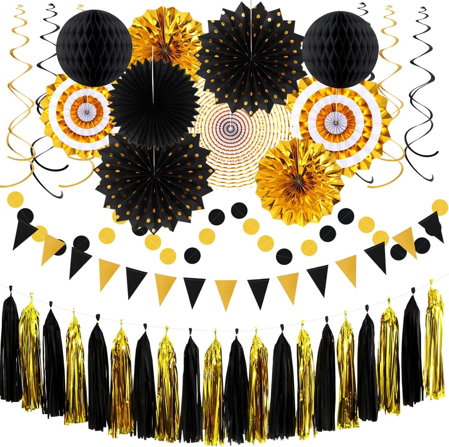 Black-Gold Graduation Party-Decorations - 33pcs Kits Banner, Streamers Tassel Garland,Tissue Pom Poms Honeycomb, Paper Lantern Fans,Wedding New Year Birthday Baby Shower Decor Hugtmr