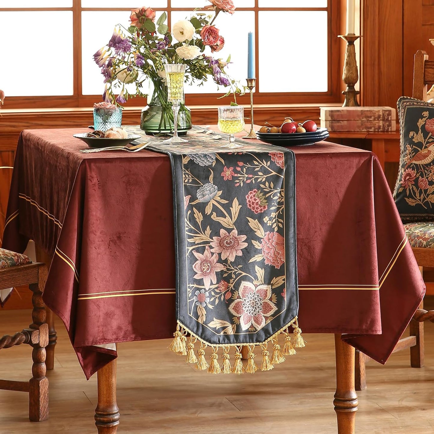 patdrea Designer Vintage Black Floral Extra Long Velvet Table Runner 118 Inch Long,Pink Khaki Bouquets Pattern Table Mat,Decor for Kitchen Dining Coffee Table Cabinet Banquet Thanksgiving,12"*118"