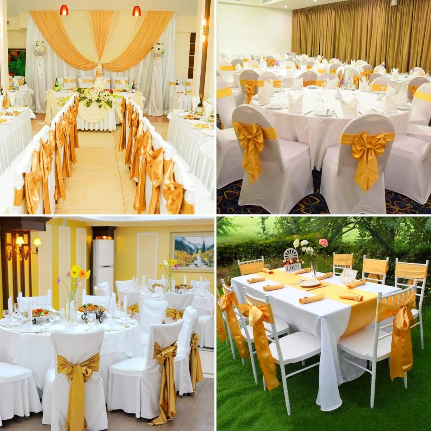100 PCS Satin Chair Sashes Decorative Bows Satin Chair Sashes Ties Back Ribbon Bows Chairs Cover Band for Wedding Party Ceremony Reception Events Banquet Restaurant Home Kitchen Decor(7x108inch,Gold)