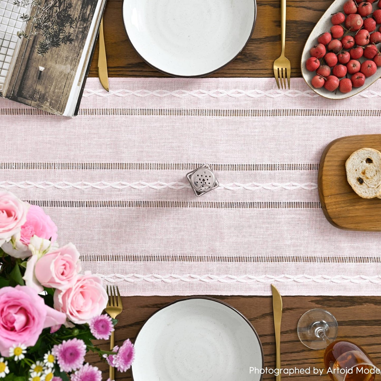 Artoid Mode Pink Rustic Cotton Linen Table Runner, Seasonal Embroidered Hollow Kitchen Dining Table Decoration for Home Party Decor 13x90 Inch