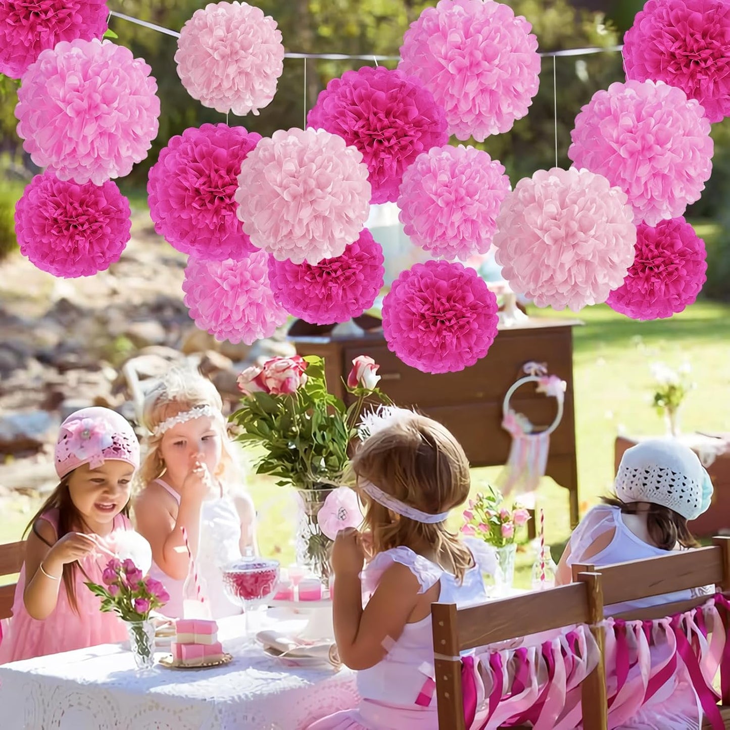 Hot Pink Tissue Pom Poms Paper Flowers Hanging Decorations Pink Flower Ball for Mother's Day Baby Shower Wedding Nursery Birthday Party Backdrop Home Outdoor