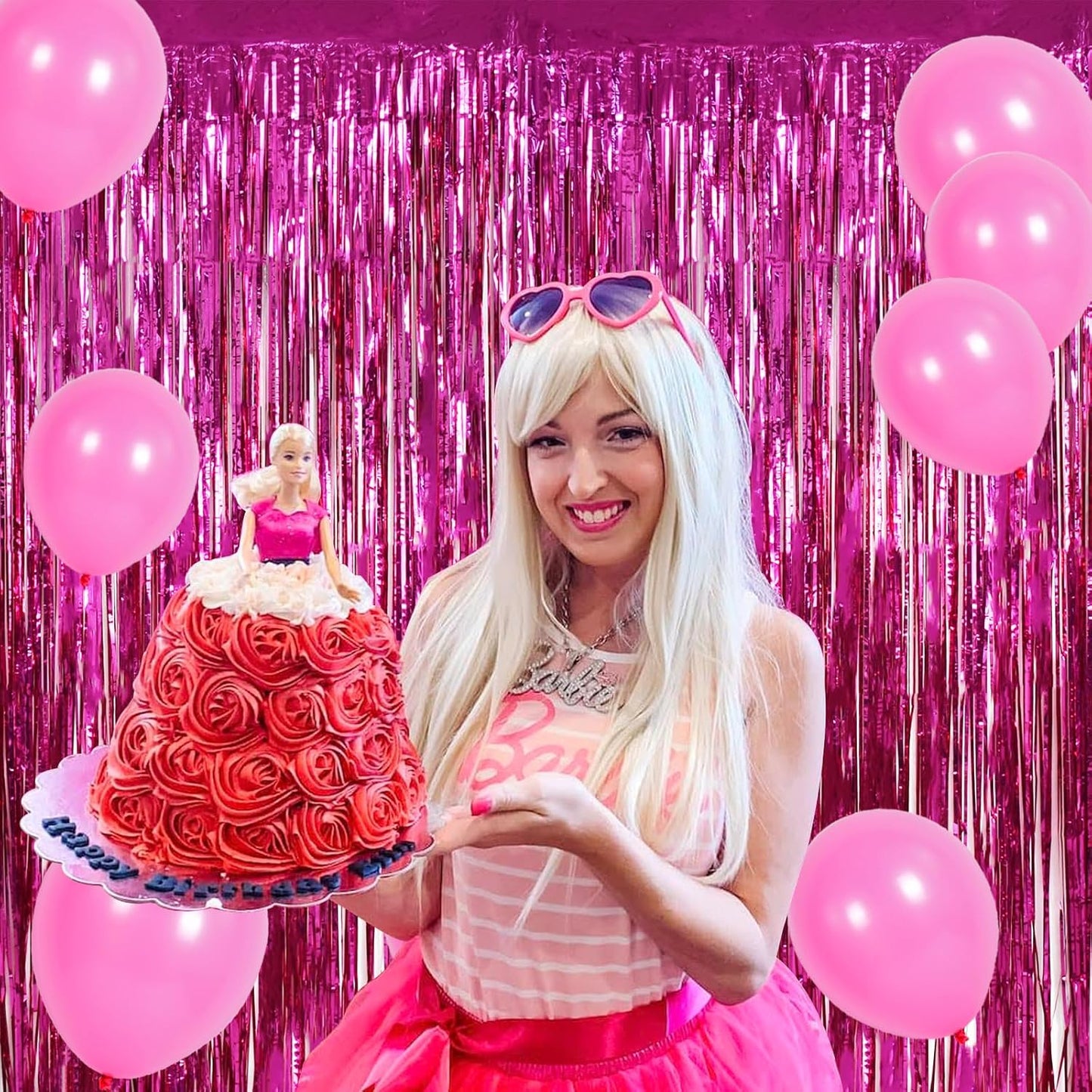 BEISHIDA 2 Pcs Hot Pink Backdrop Pink Door Streamers Tinsel Curtains Streamers Party Decoration Foil Fringe Backdrop Wall Background Photo Booth for Girls Birthday Bachelorette Party Decorations