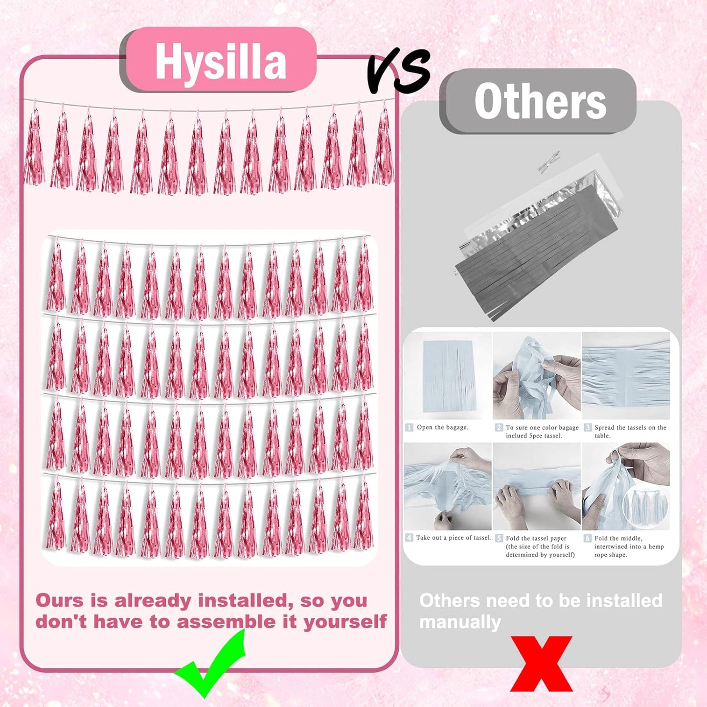 8P Light Pink Foil Fringe Metallic Tassel Streamers Banner Tassel Garland for Parade Floats, Bachelorette, Wedding, Birthday, Halloween, Christmas, Bridal/Baby Shower Party Decorations