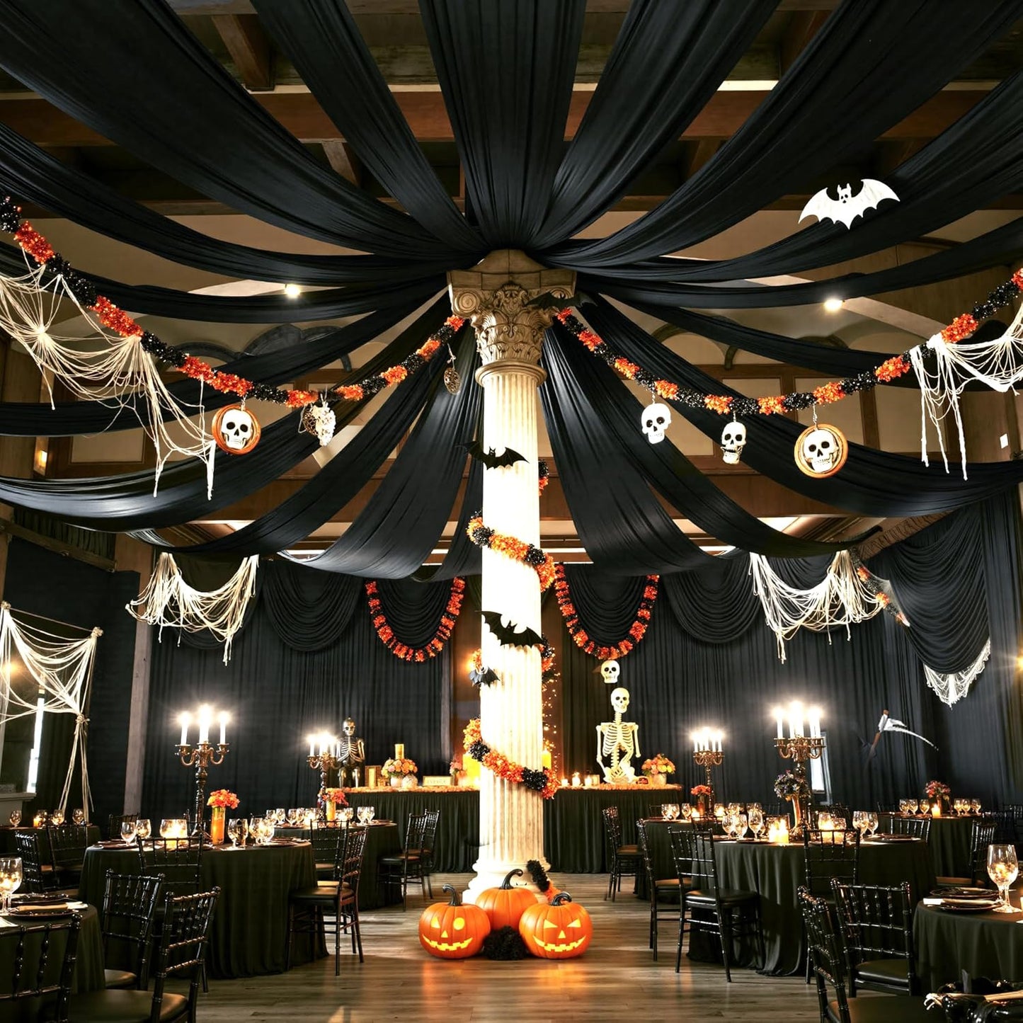 PartyVillage 10 Panels 5ftx30ft Black Ceiling Drapes for Halloween Parties – 30 FT Extra Long Thick Polyester Wrinkle-Free Drapery Tent Decor Decorations for Birthday Party Ceremony Stage Swag