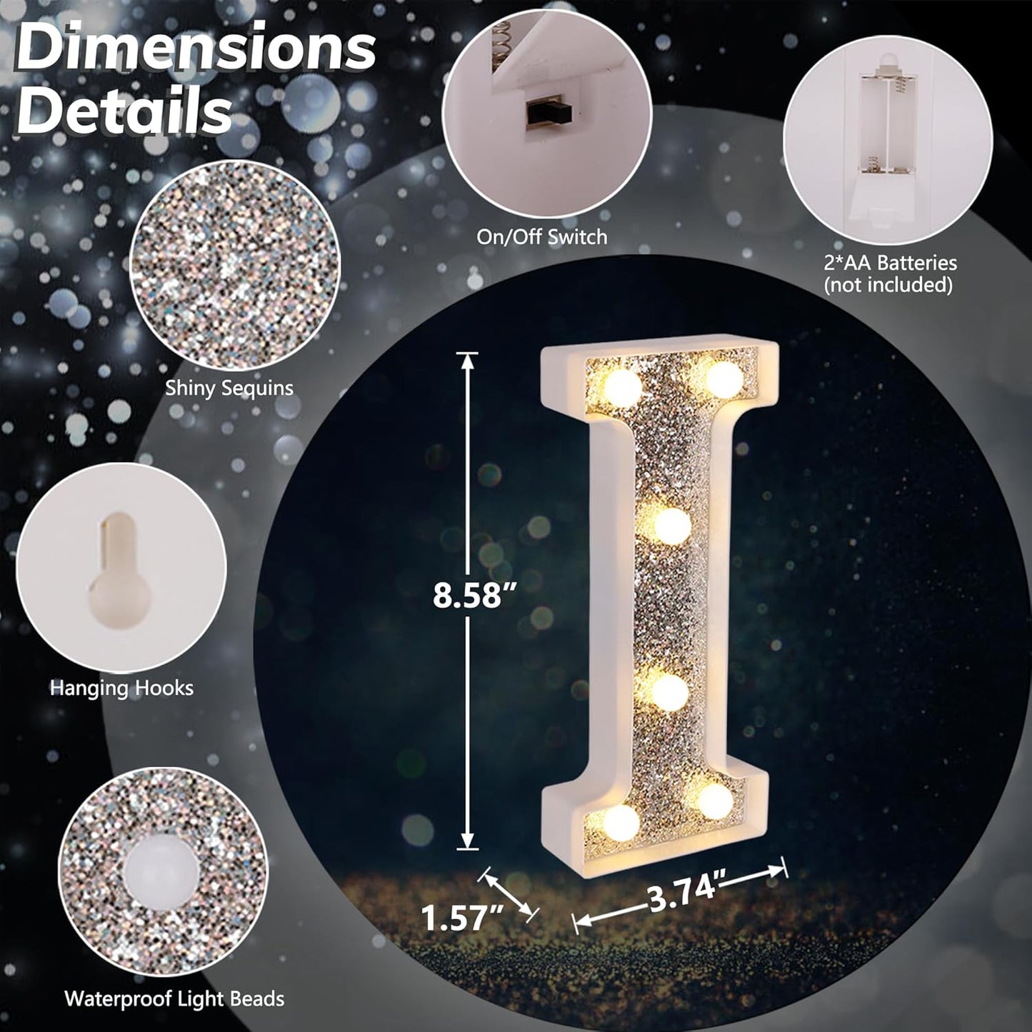 Marquee Light Up Letters, Glitter Silver LED Letter Lights Battery Powered Alphabet Letter Sign for Night Light Wedding Birthday Party Cafe Bar Decoration Girls Room Decor - I