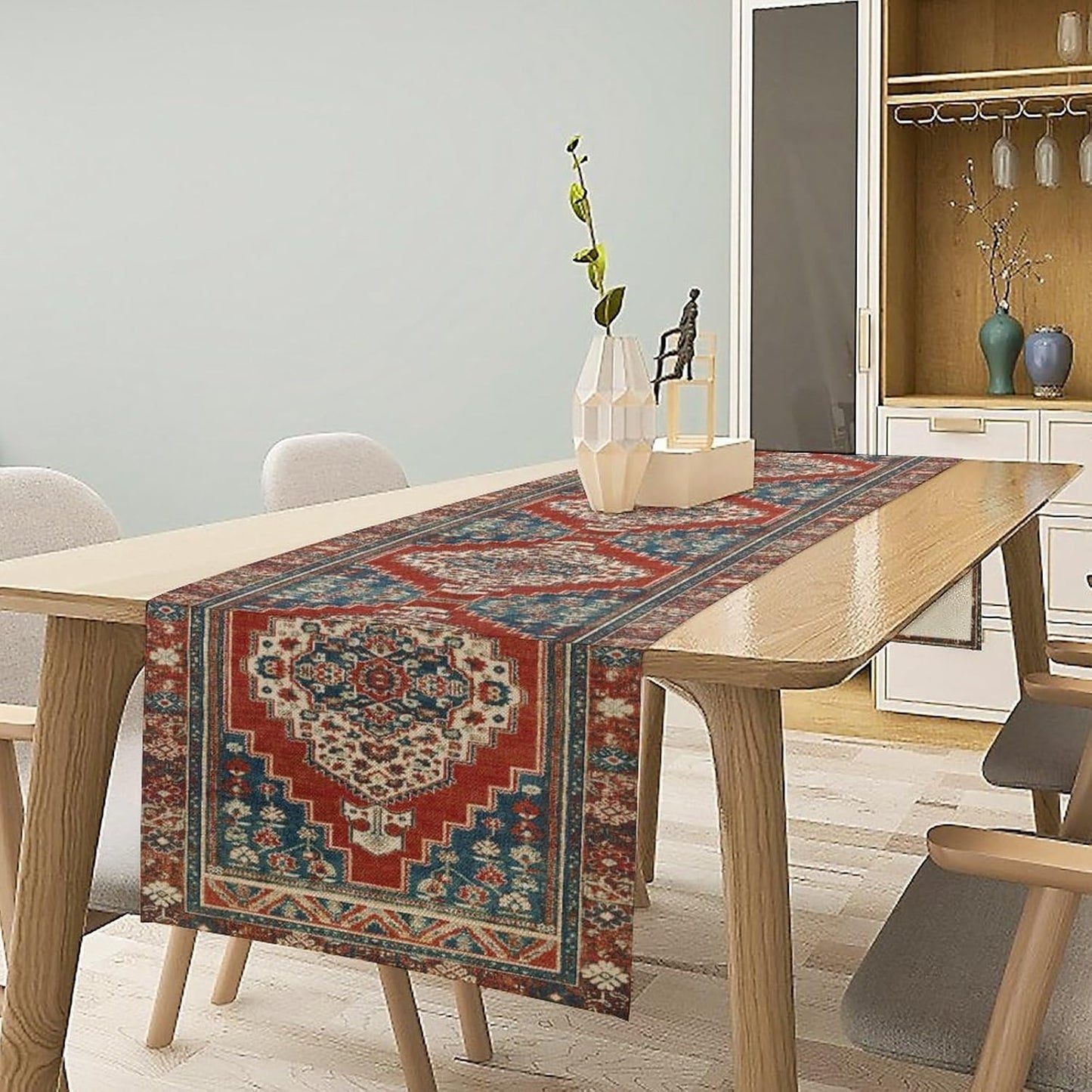 Boho Floral Vintage Table Runner, Red Blue Retro Flower Rustic Country Farmhouse Pattern for Home Kitchen Table Decor Dining Coffee Room Party Decor 13x90in