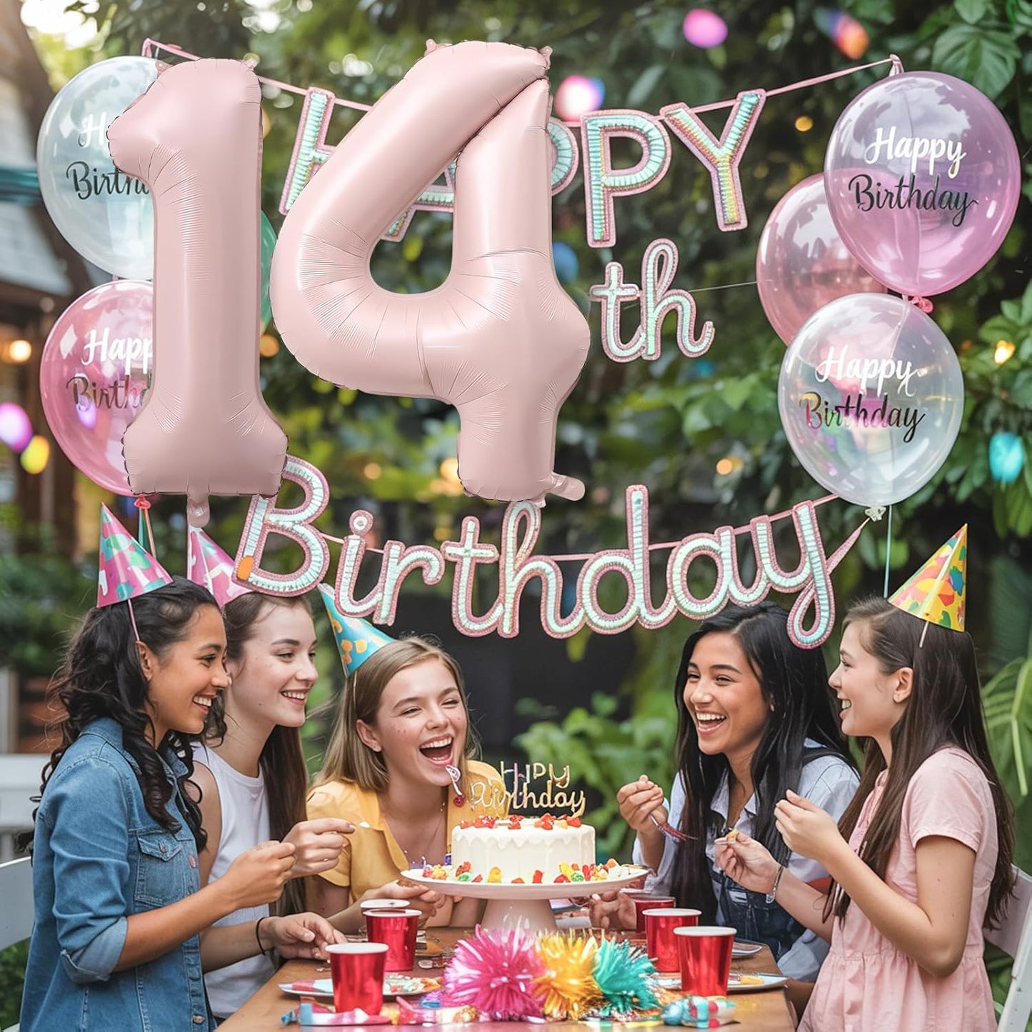 Light Pink 14th Birthday Balloon for Girls, 40'' Self Inflating Mylar Number 14 Balloons, Big Blush Pastel Pink Foil 1 & 4 Helium Balloon for Coquette 14th Birthday Party Decorations Anniversary