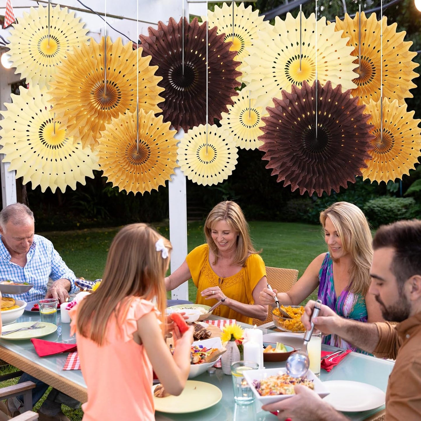 Outus 12 Pcs Hanging Honeycomb Paper Fans Sets, Fiesta Brown and Beige Party Decorations, Tissue Paper Flowers Supplies for Birthday Wall Classroom Wedding Bridal Photo Backdrop (14/8/6 Inch)