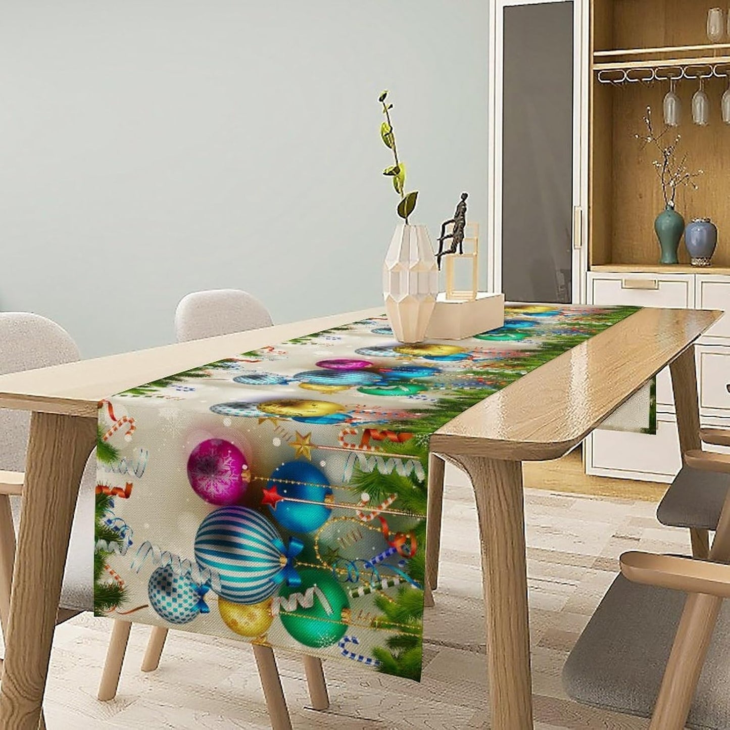 Christmas Table Runner,Colorful Balls Xmas Tree Snowflake Pattern Print Tablecloth Burlap for Hotel Indoors Outdoor Dining Room Kitchen Home Decor,W13X L108 in