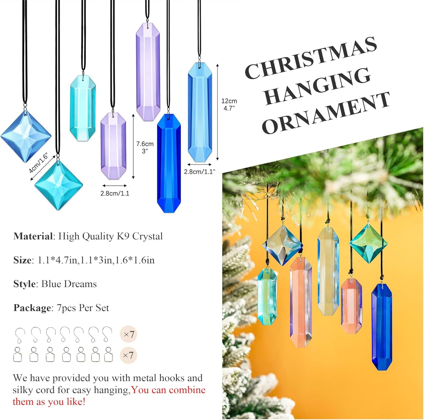 7 Pack Crystal Ornaments for Christmas Tree, Colorful Icicle Ornaments Crystal Prism Hanging Suncatchers for Windows,Indoor for Women