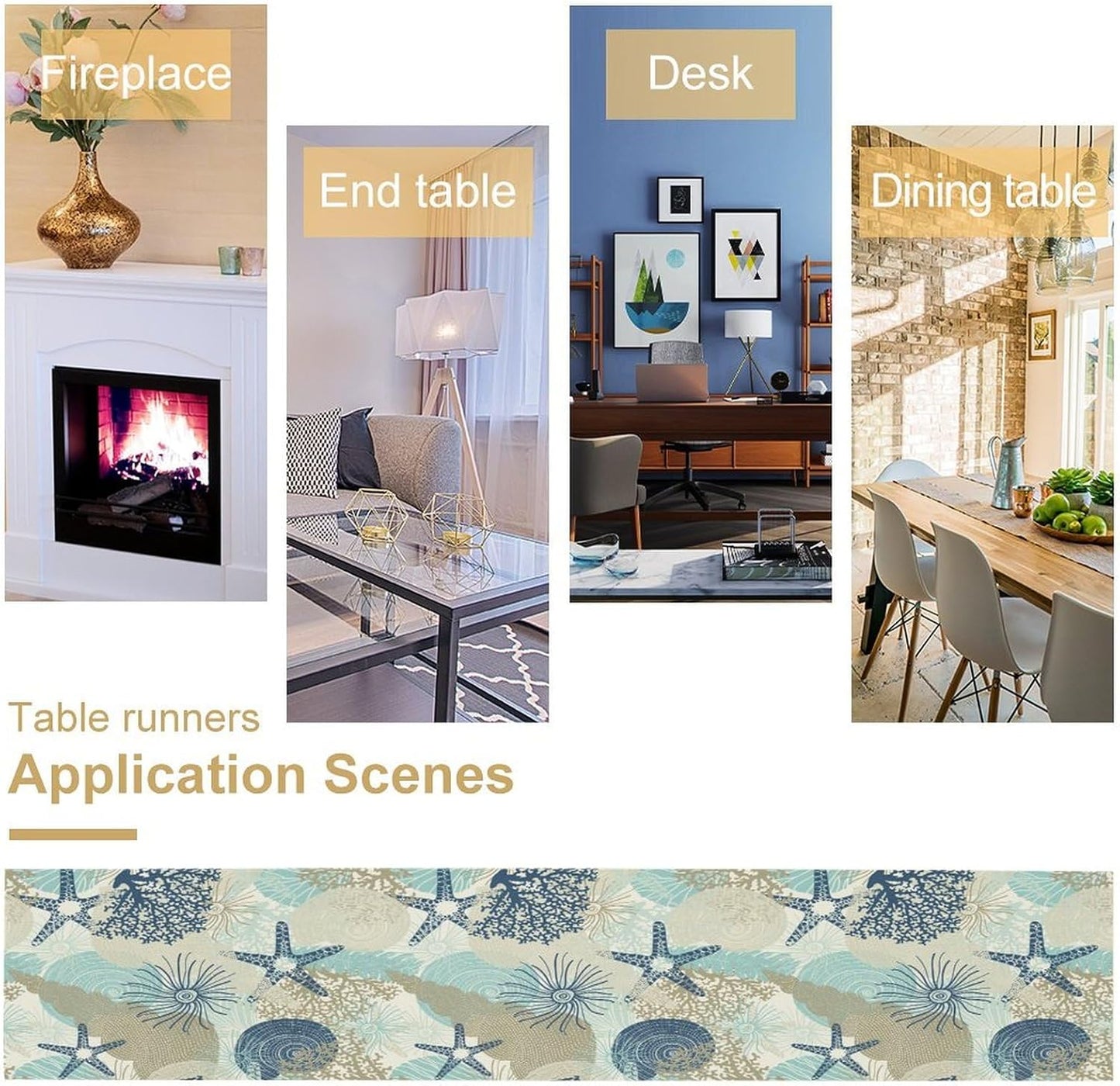 Nautical Coastal Table Runner，Ocean Themed Starfish Coral Conch Beach Kitchen Dinning Table Decoration for Indoor Outdoor Home Party Decor 13x36 Inch