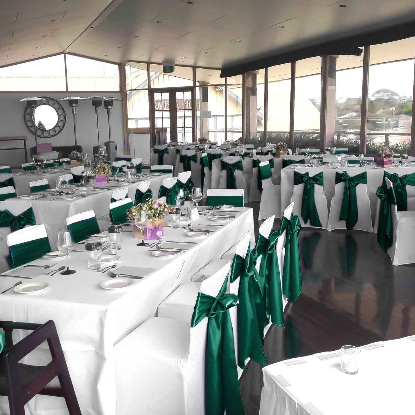 fani 60 PCS Forest Green Satin Chair Sashes Bows Universal Chair Cover for Wedding Reception Restaurant Event Decoration Banquet,Party,Hotel Event Decorations (7 x 108 inch)