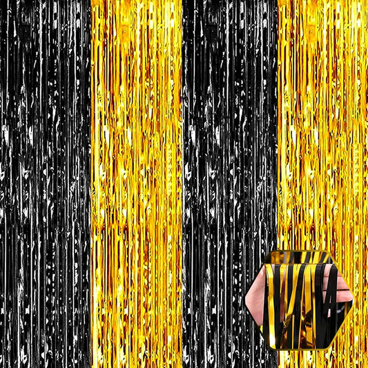 3 Pack Black Gold Foil Fringe Curtain Backdrop, 3.28Ft x 8.2Ft Metallic Tinsel Foil Fringe Streamer Curtains for Photo Booth, Christmas Day, Thanksgiving, Wedding, New Year Party Decorations