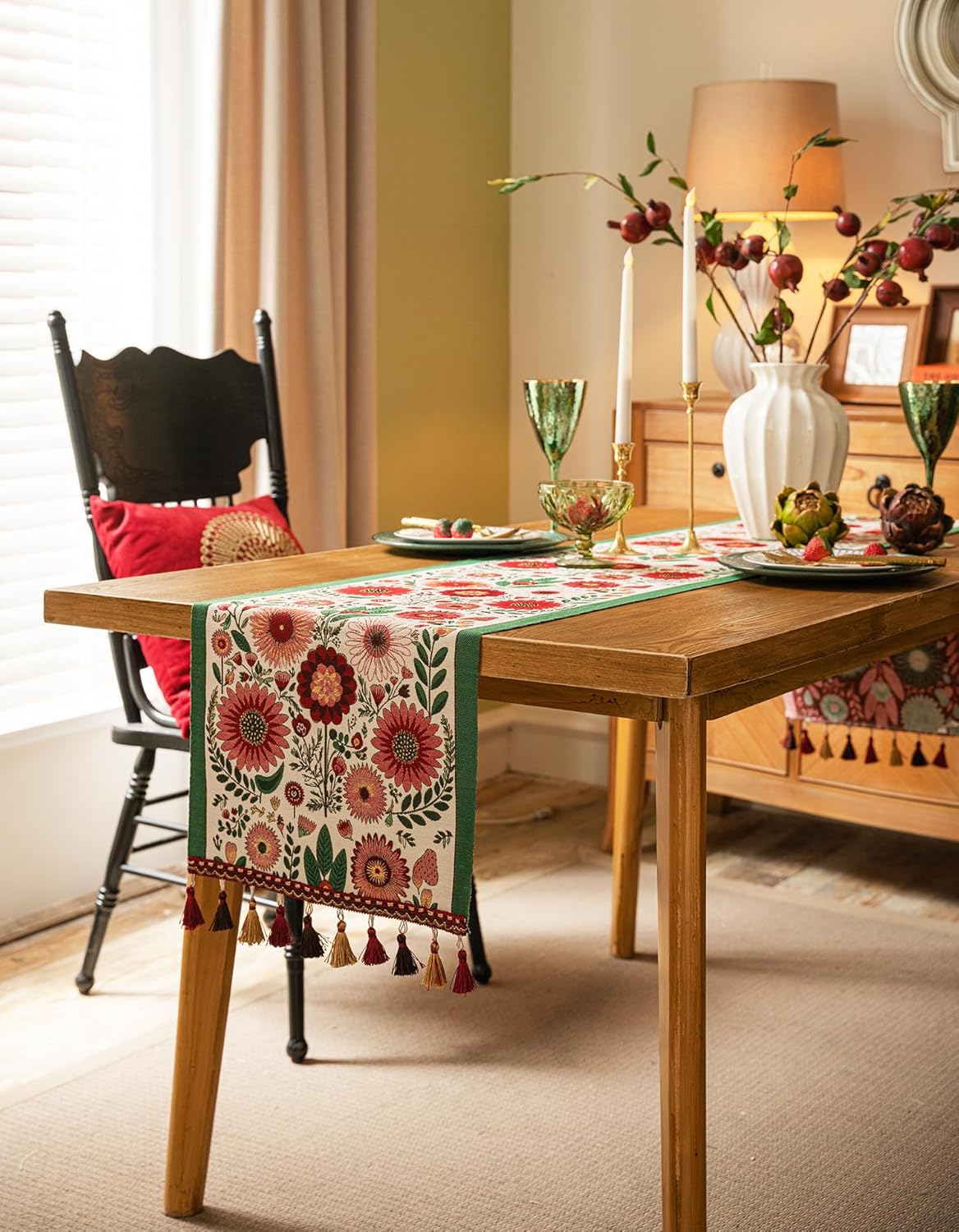 13×72 Inch Table Runner, Retro-Luxury Tassels Series for Kitchen Dining Table Holiday Decoration (Spring Blossom)