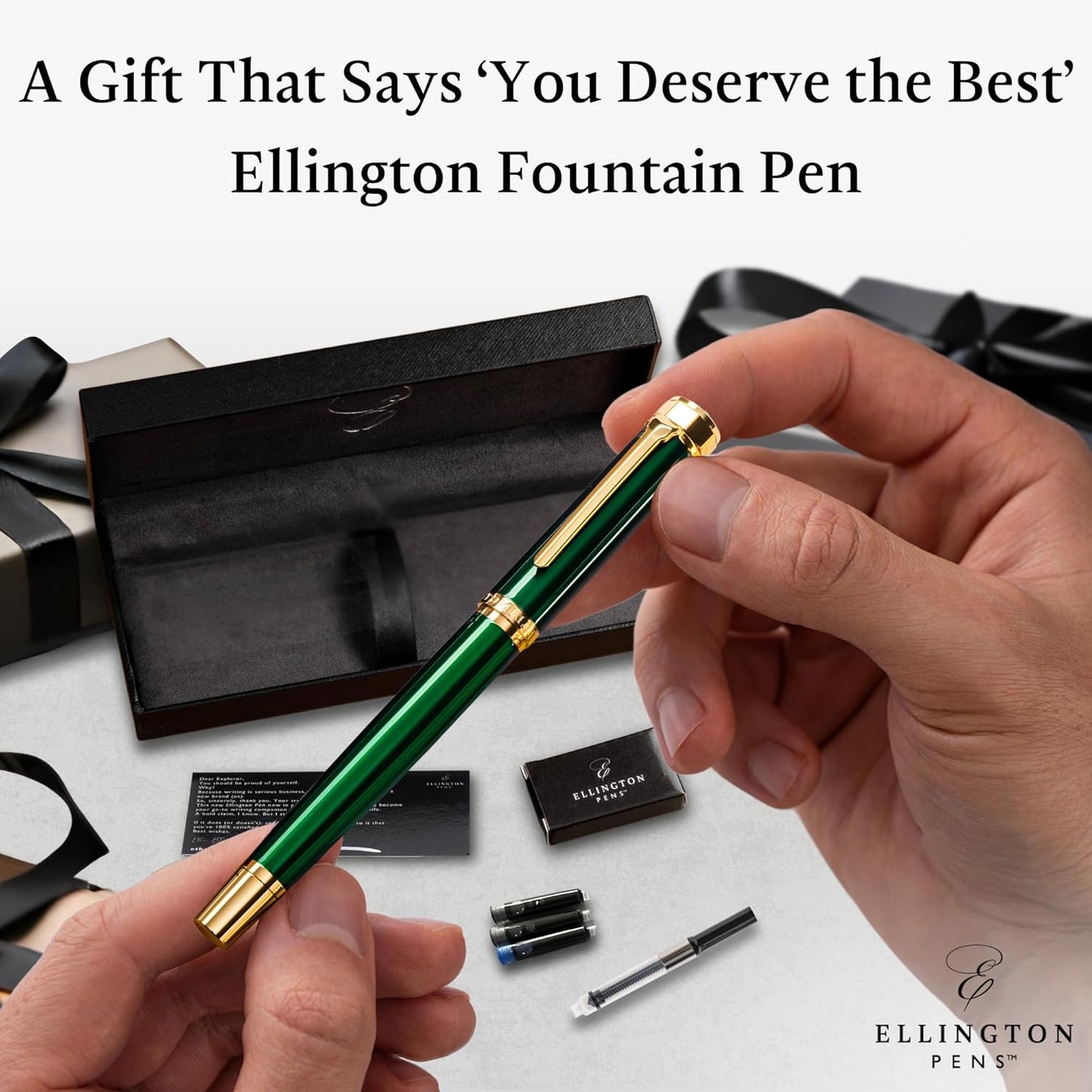 Ellington Pens Luxury Fountain Pen Set- Fountain Pens for Writing - Smooth Fine Nib - Includes Refillable Ink Converter, 3 Ink Cartridges [Black & Blue], Gift Box - Elegant Calligraphy