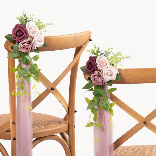 DORIS HOME Wedding Aisle Decorations Mauve Pew Flowers Set of 10 for Wedding Ceremony Party Chair Decor with Artificial Flowers Eucalyptus and Ribbons