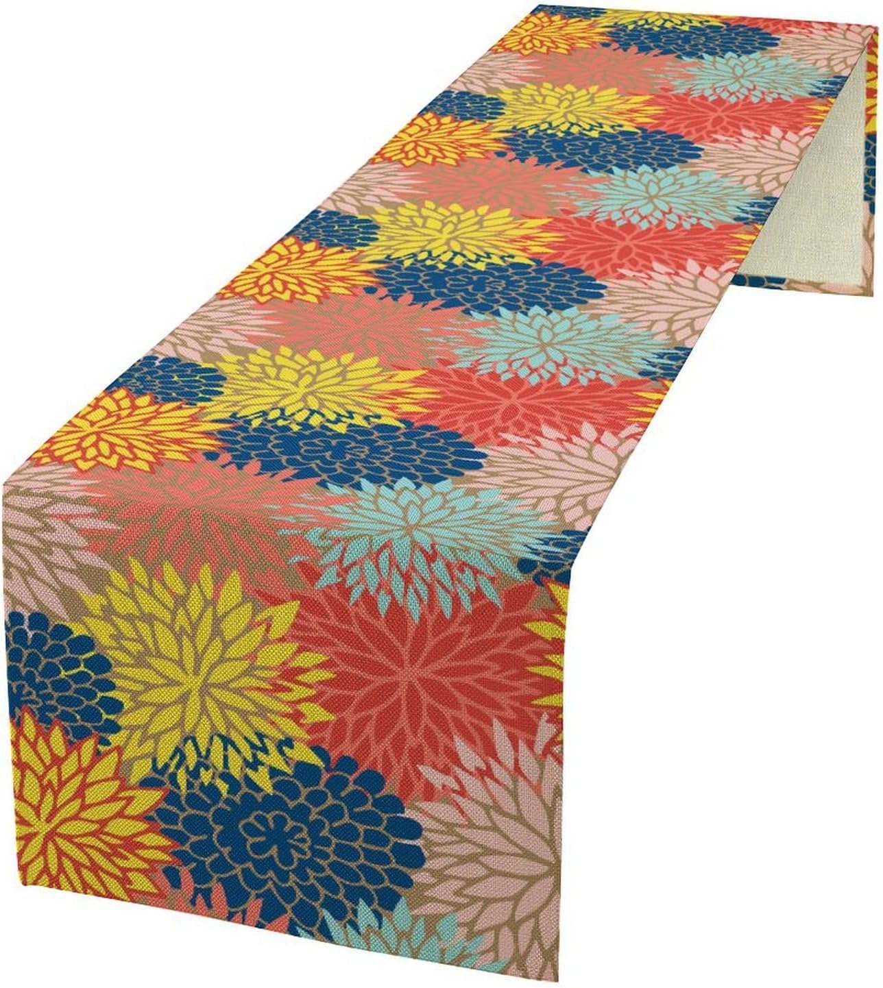Dahlia Flowers Table Runner Colorful Floral Teal Grey Pink Yellow Blue Abstract Table Runner Kitchen Dining Party Decor Living Room, 13x90 Inch