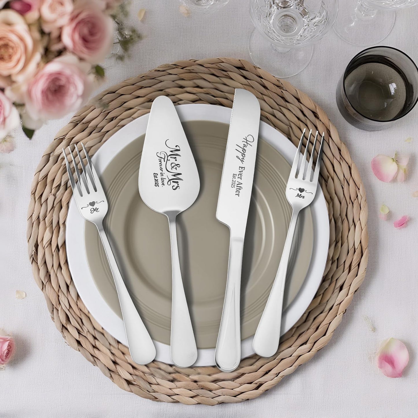 wedding cake knife and server set,Silver wedding cake knife and server set 2025,4Pcs Set with Forks for Engagements, Anniversary Bridal Shower Christmas Gifts.