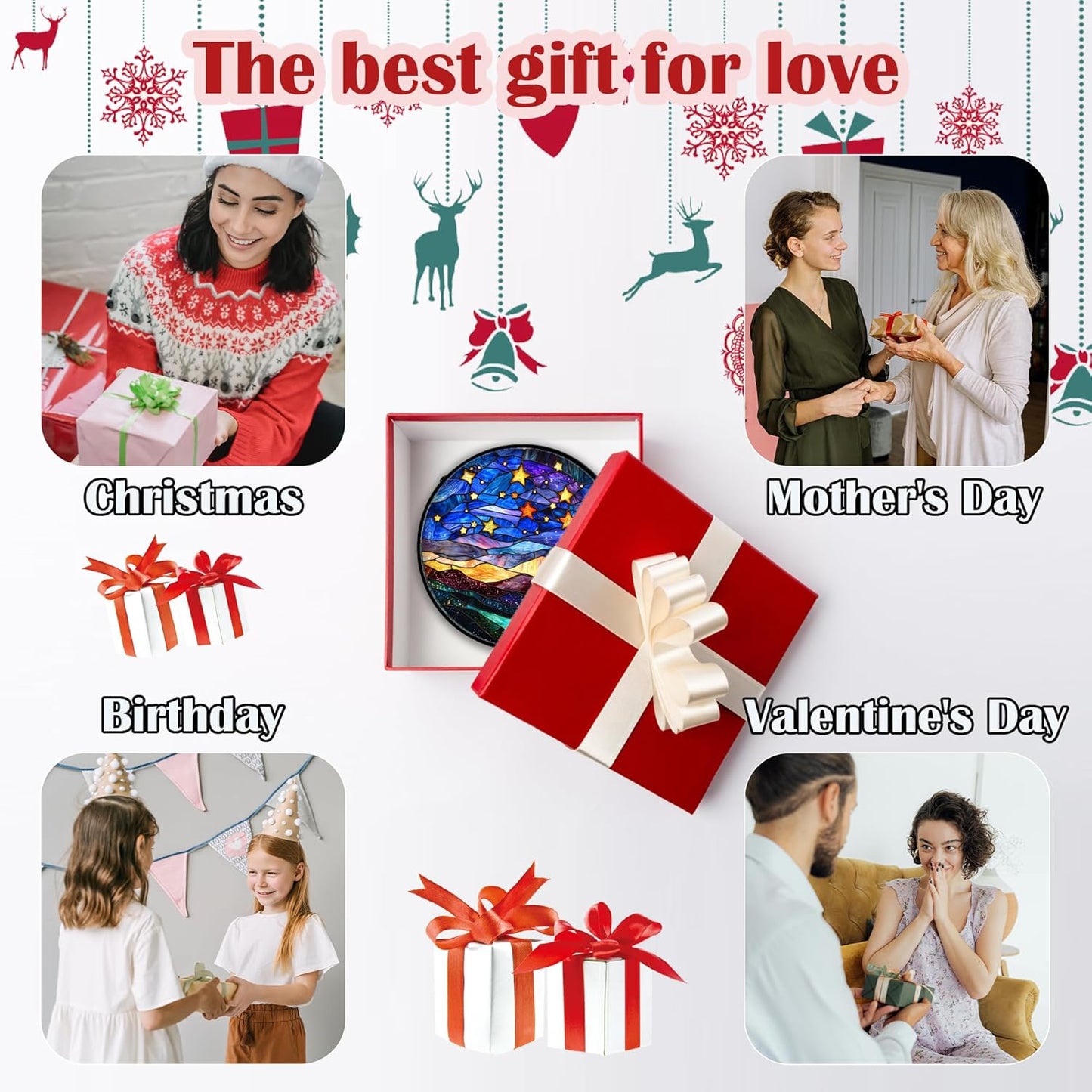 Stained Glass Window Hanging, Blue Sky Gold Stars Abstract Landscape Suncatcher for Doors Window Home Sun Catchers Decor Mother's Day Birthday Gifts for Women, Men Mom 15 in