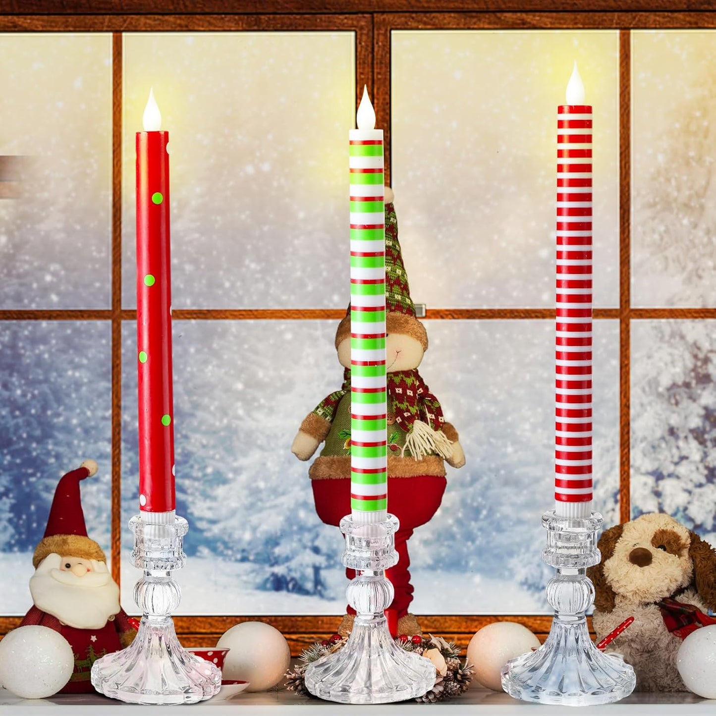 6 Pcs Christmas Flameless Taper Candles 10.6 Inch Red Green and White Striped Dots Candles Battery Operated LED Christmas Candlesticks for Xmas Centerpiece Holiday Party Decor