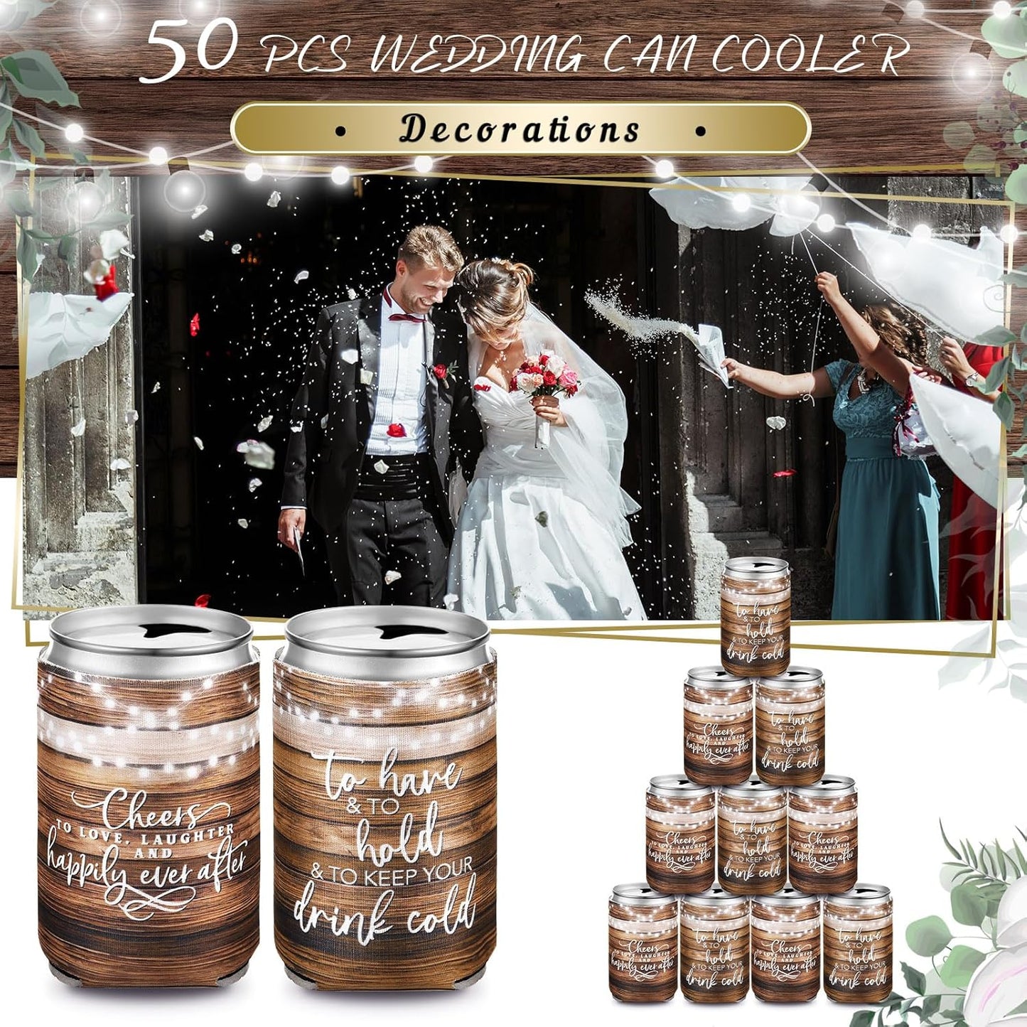 50 Pieces Wedding Can Cooler Bulk Engagement Party Favors for Guests Cheers to Love Laughter and Happily Ever After Rehearsal Dinner Decorations for Wedding Bridal(Wood Grain,Cute)