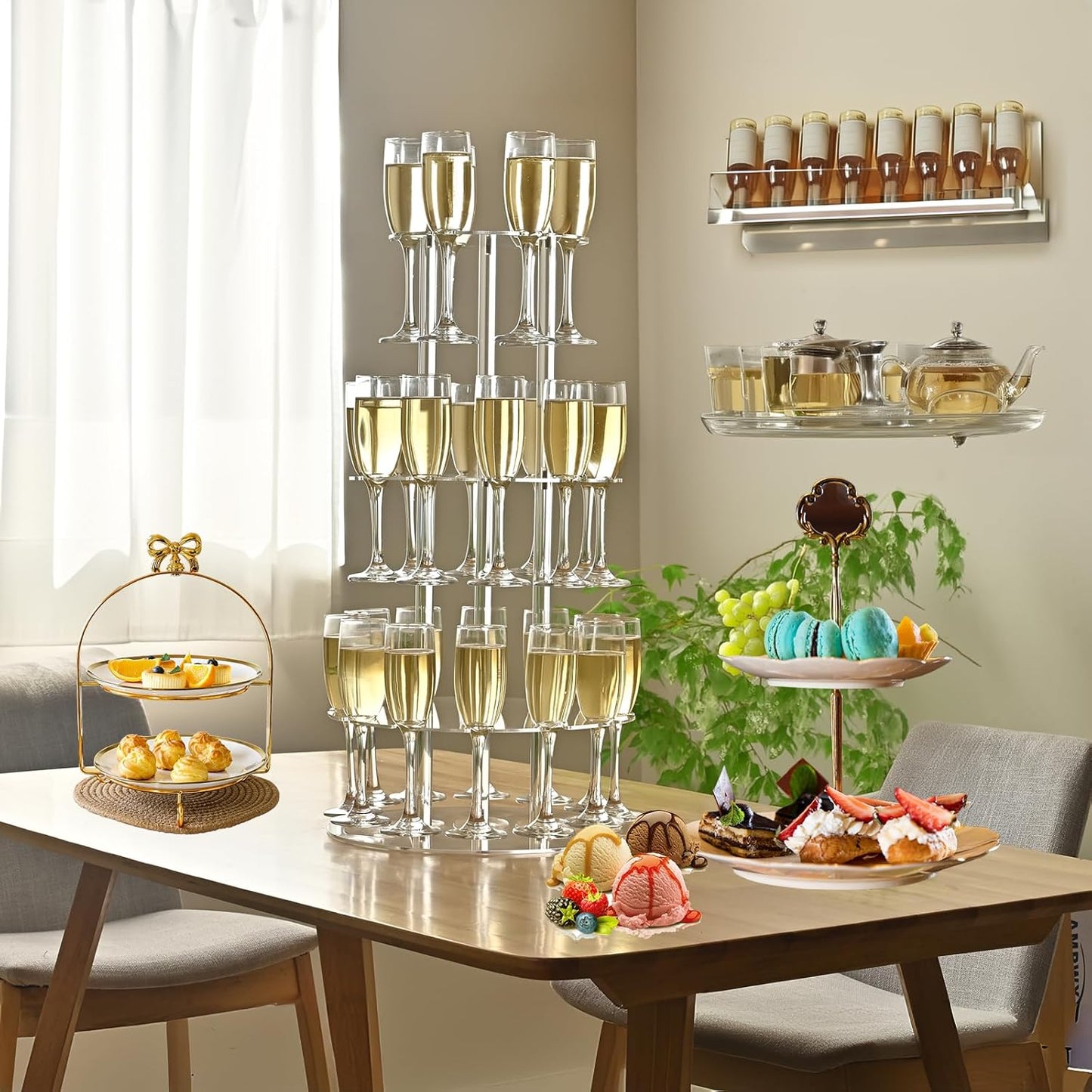 Champagne Tower, Circle Acrylic Champagne Display Rack Stand with 28 Slots, 3 Tier Floating Sight Champagne Flute Holder for Party, Wedding, School, Celebration, 13.4x13.4x25.5 inch, 2Pcs