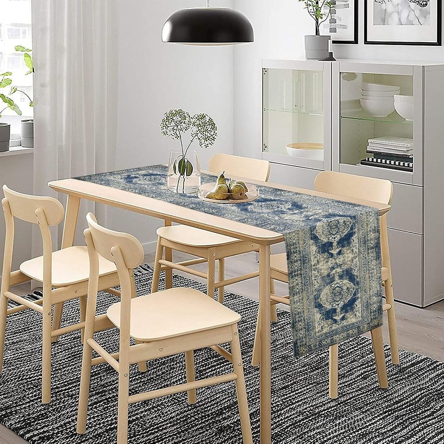 Vintage Boho Floral Table Runner, Rustic Country Farmhouse Blue Teal Retro Flower Pattern for Home Kitchen Table Decor Dining Coffee Room Party Decor 13x60in