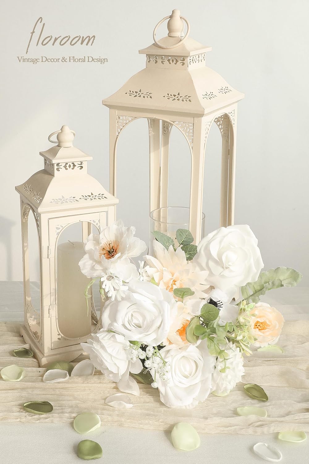 Floroom Cream White Artificial Flowers Fake Roses Dahlias Peonies Poppies and Greenery Combo Box Set for DIY Wedding Bouquets Bridal Shower Centerpieces Floral Arrangements Party Tables Decorations