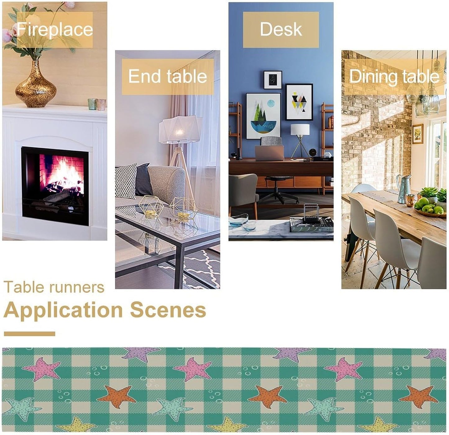 Starfish Plaid Table Flag Green Plaid and Marine Life Starfish Kitchen Table Flag Suitable for Birthday Party Restaurant Decoration Outdoor Picnic 13 * 120 Inch