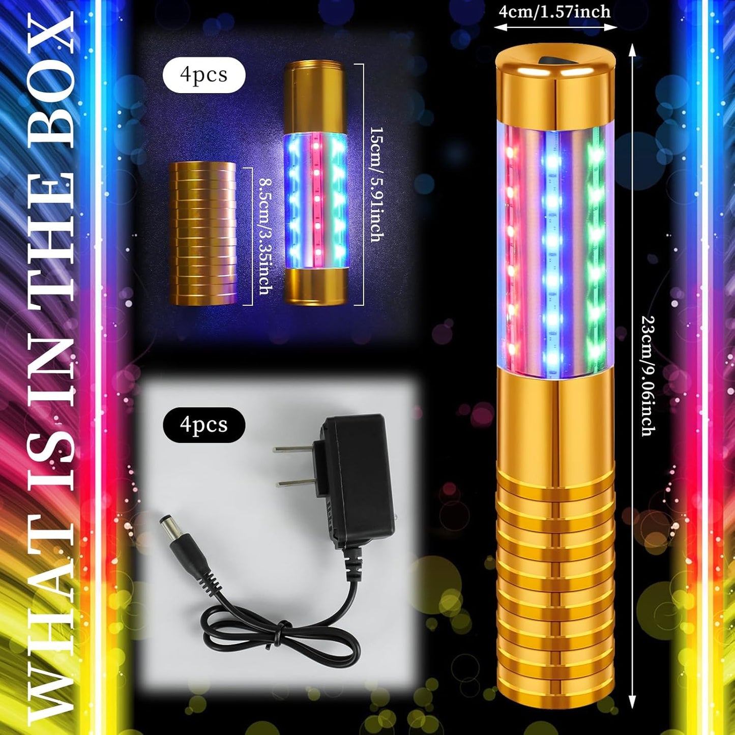 4 Pieces RGB LED Strobe Baton Light Rechargeable Bottle Service Sparklers Stick Reusable Champagne Bottle Handheld LED for Club Stage Nightclub Party Concert Event Bar Outdoor - Gold
