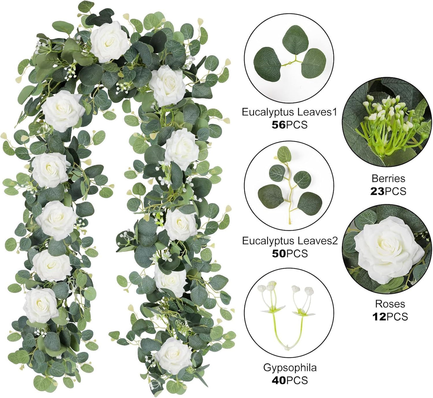 MACTING 2 Pack 13.2FT Flower Garland with 24 White Roses - Spring Gypsophila Eucalyptus Garlands Artificial Floral Greenery Vines for Arch Table Centerpieces Backdrop Party Home Wedding Decorations
