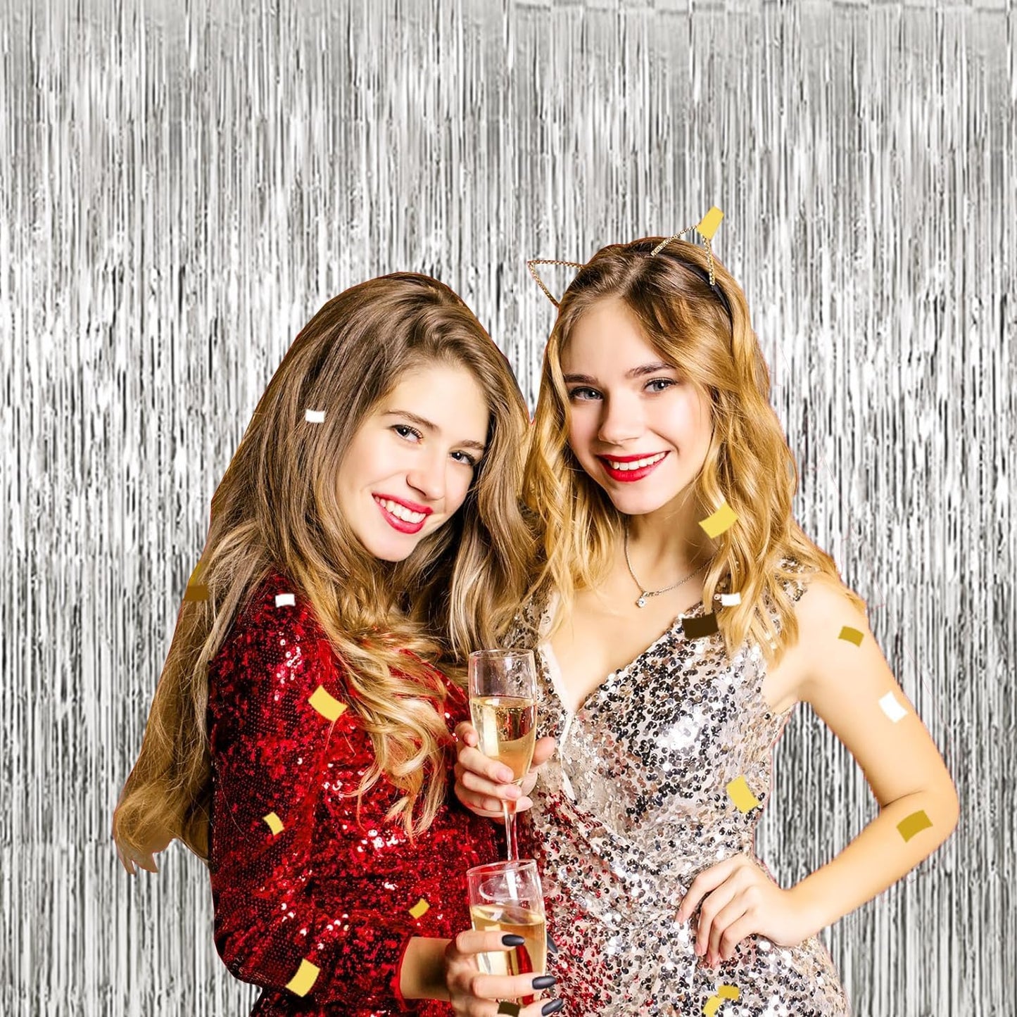 4P Metallic Foil Fringe Tinsel Table Skirts for Rectangle Tables Backdrop Banner Tinsel Streamer Garland Curtains for Parade Floats Wedding Graduation Anniversary Birthday Parties Decoration (Silver)