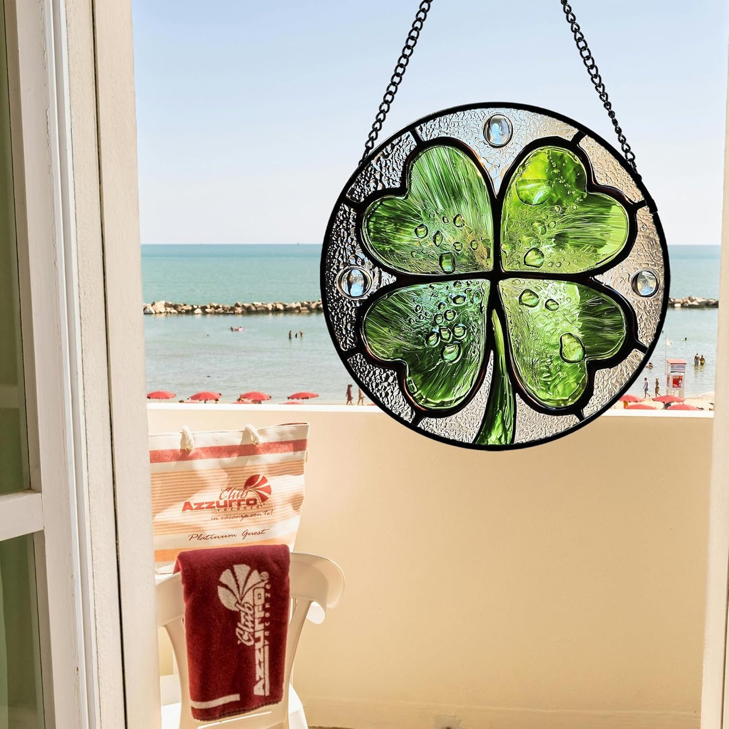 Stained Glass Window Hanging, Green Silver 4 Leaf Clover Sun Catcher for Window Door Home Decor Plant Suncatcher Christmas Mother's Day Birthday Gifts for Women Men Mom Nana 15 in