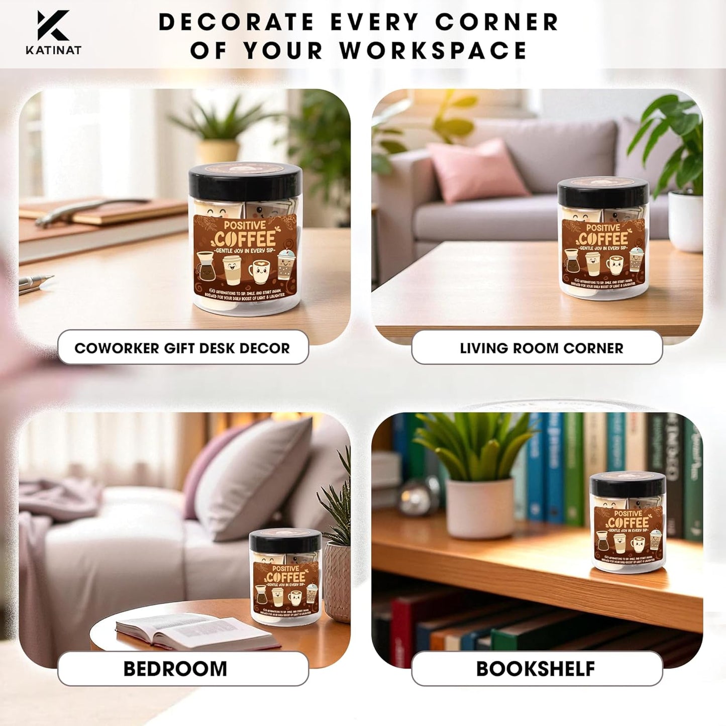 Positive Coffee Affirmation Jar – 60pcs Cute Emotional Support Coffee – Coffee Gifts for Men, Women– Birthday Gift, White Elephant Gifts for Coworker, Boss, Teacher, Teens, Back to School Gift