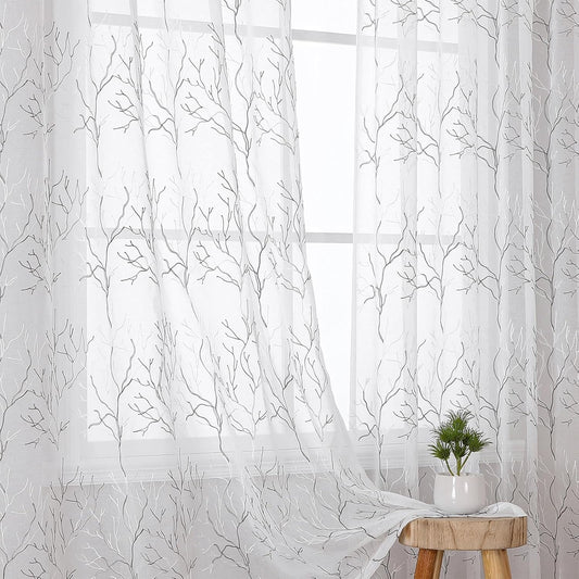 VISIONTEX Sheer Curtains 84 inch Length 2 Panels Set, Decorative Grey Coral Embroidery, Rod Pocket Embroidered Window Drapes for Living Room and Bedroom, 54" x 84"