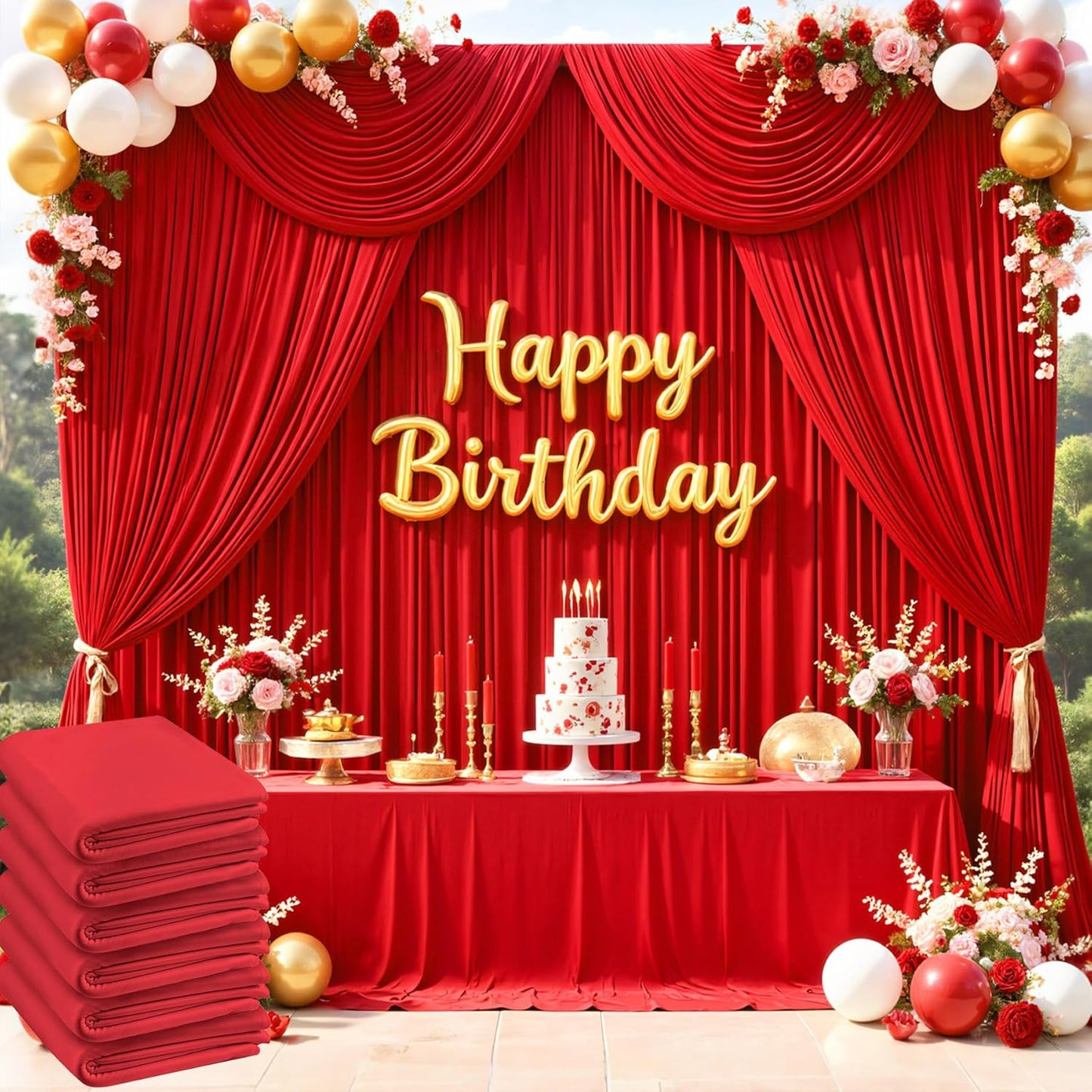 30ftx10ft Red Backdrop Curtains for Parties, Wrinkle Free 6 Panels 5x10ft Silky Photo Backdrop Drapes Back Drop Cloth for Wedding Birthday Photography Baby Shower Background Decor