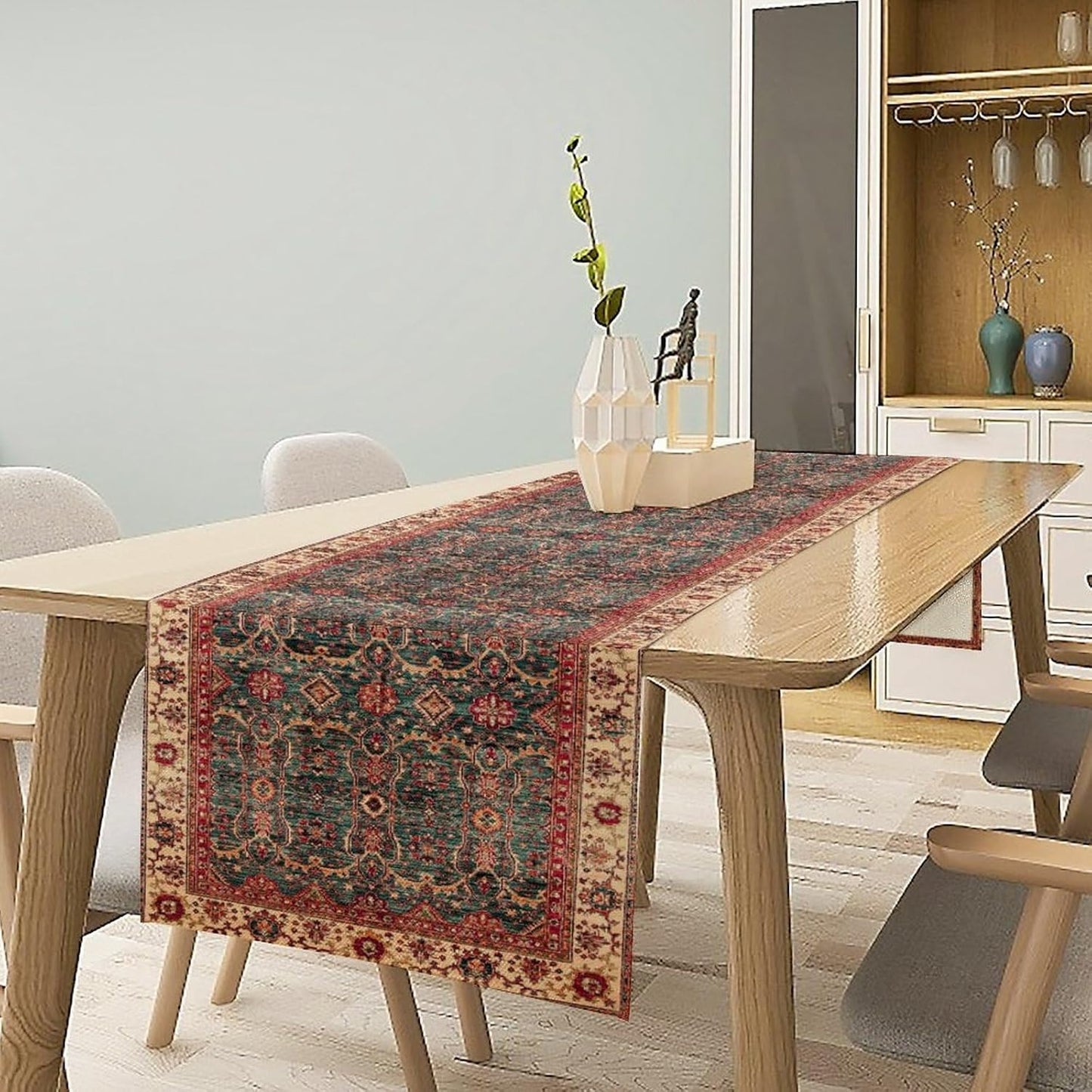 Vintage Boho Floral Table Runner, Rustic Country Farmhouse Red Teal Retro Flower Pattern for Home Kitchen Table Decor Dining Coffee Room Party Decor 13x72in