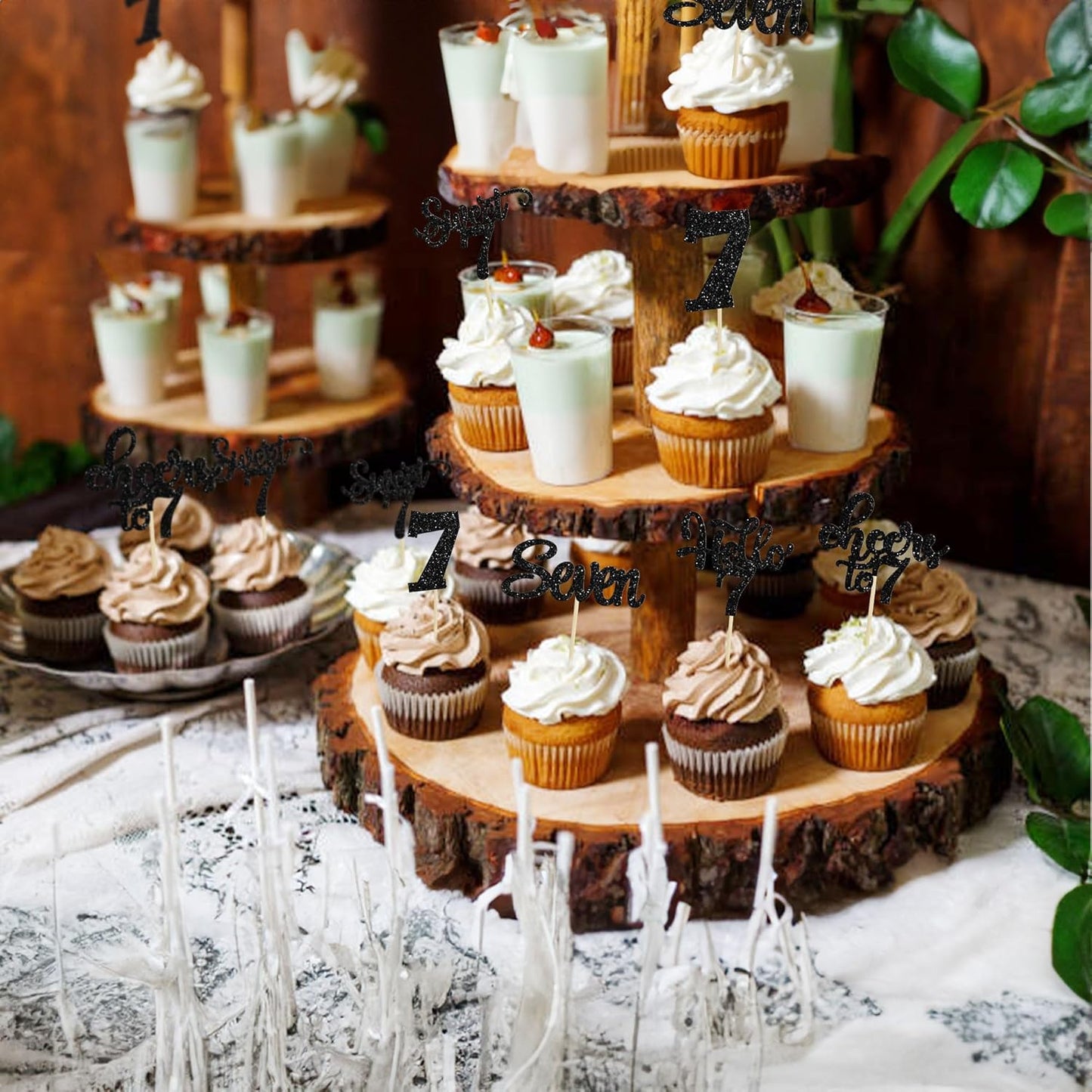 30Pcs 7th Birthday Cupcake Toppers Glitter Seven Happy 7 Cupcake Picks Cheers to 7 Years Old Cake Decorations for 7th Birthday Party Supplies Black