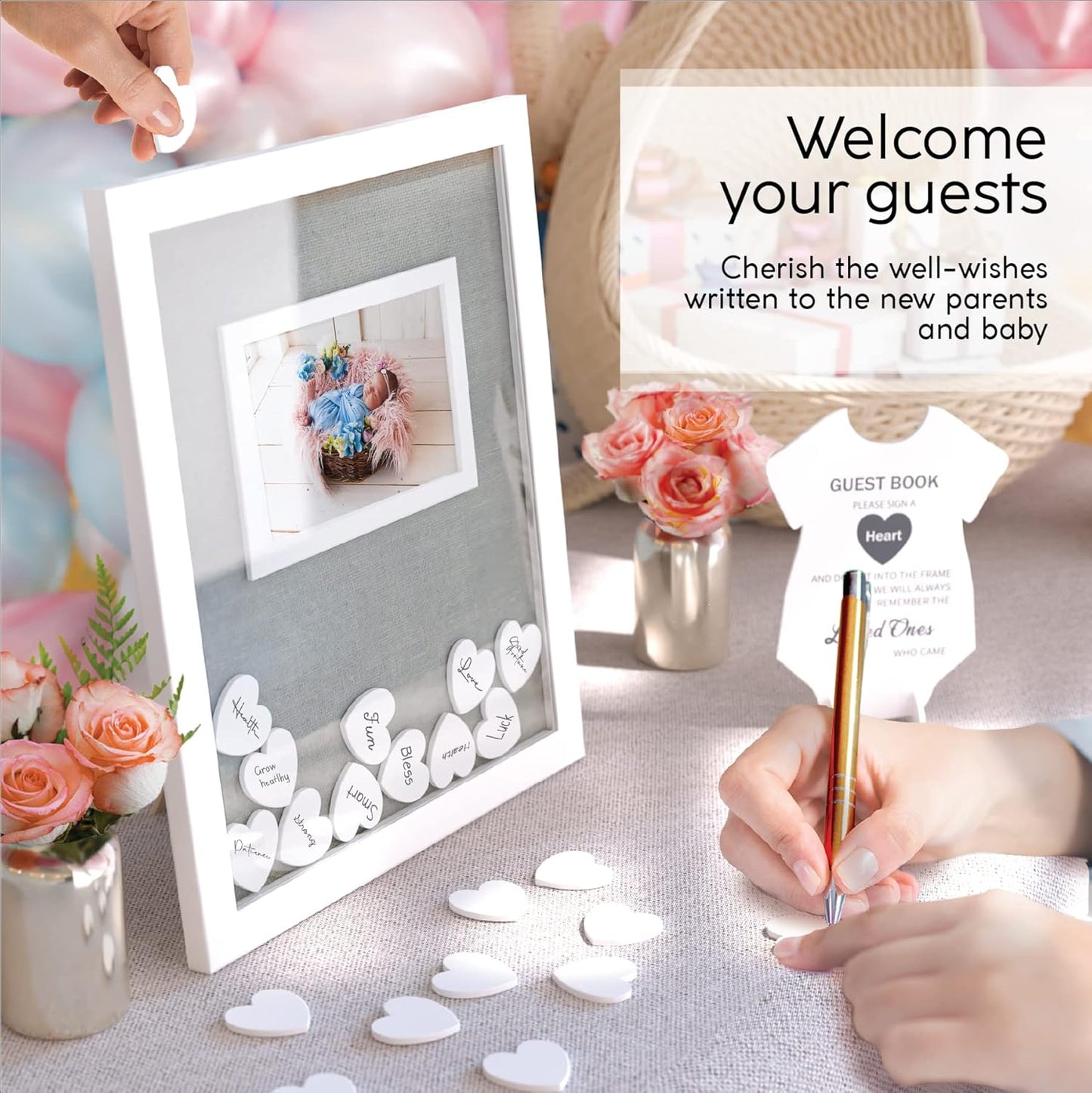 GLM Premium Baby Shower Guest Book with Welcome Sign & 50 Hearts - Perfect Keepsake Memory Book for Boy & Girl Baby Shower Decorations, Alternative to Traditional Guest Books!
