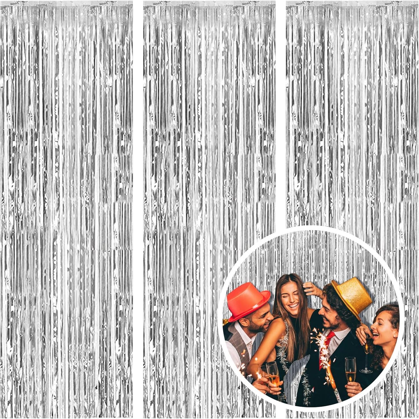 3 Pack Silver Foil Fringe Backdrop Curtains Party Streamers Metallic Tinsel Birthday Backdrop Christmas Bachelorette New Year Engagement Graduation Disco Party Decorations Glitter Backdrop