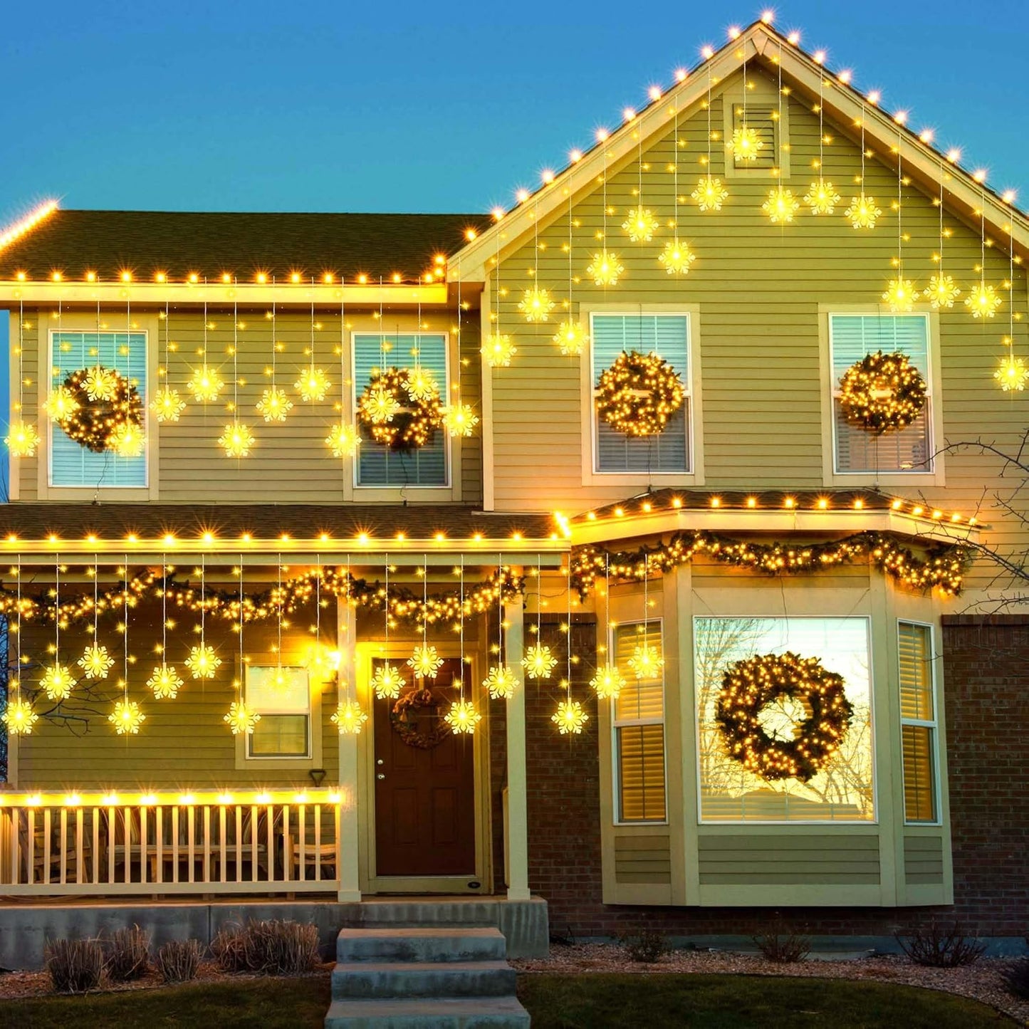 150 LED Christmas Icicle Lights with Snowflakes, Hanging Snowflake Light with 8 Modes, Connectable Warm White Icicle Lights for Outside, Roof, Window, Holiday Party Decor