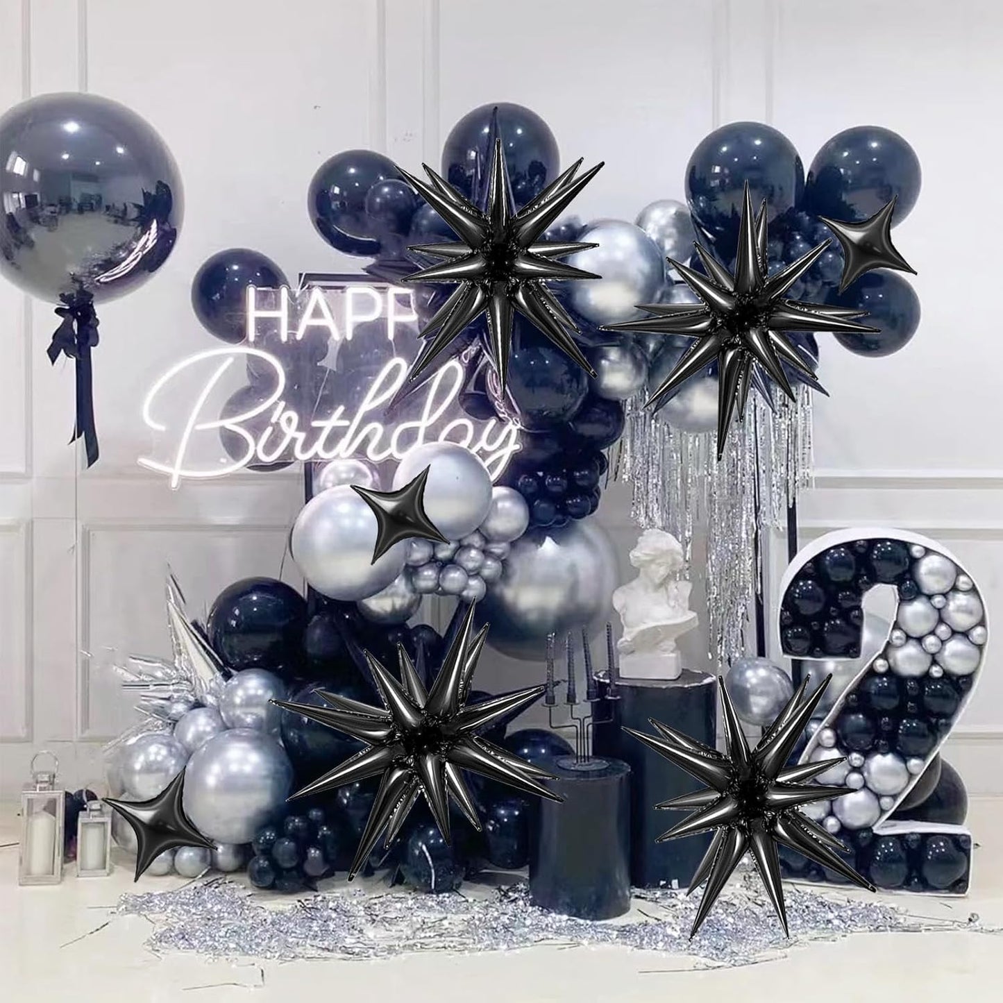6 Pcs Explosion Star Foil Balloons- 12 Point Star Balloons,Black Spike Balloon and 10Pcs Four Pointed Balloon for Party Supplies Christmas Birthday Wedding Photo Booth